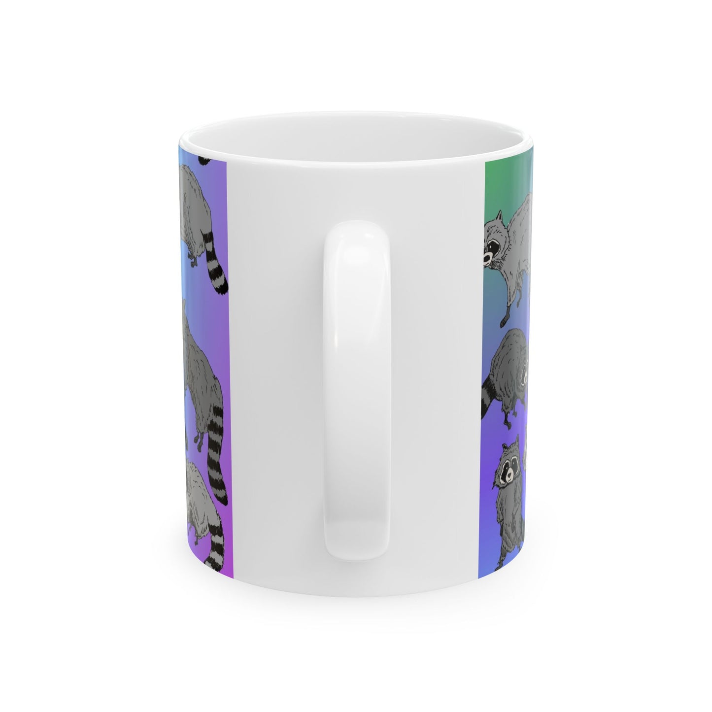 Raccoon Pattern Ceramic Mug — Cute Cartoon Raccoons on Gradient Background (11oz, 15oz)