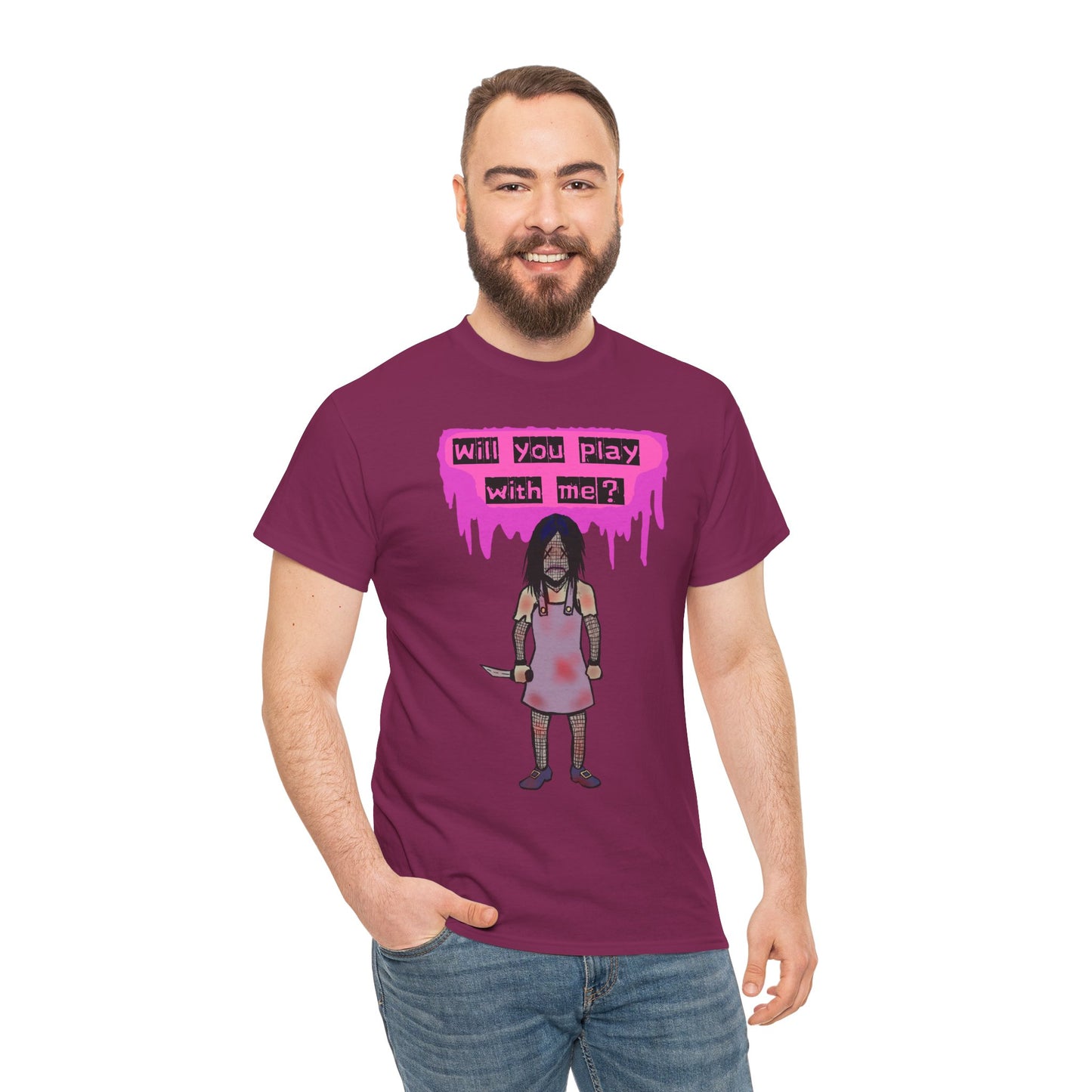 Playful Evil Doll Horror Graphic Tee, Unisex Heavy Cotton Shirt, Casual Wear, Unique Gift, Halloween Costume, Quirky Fashion