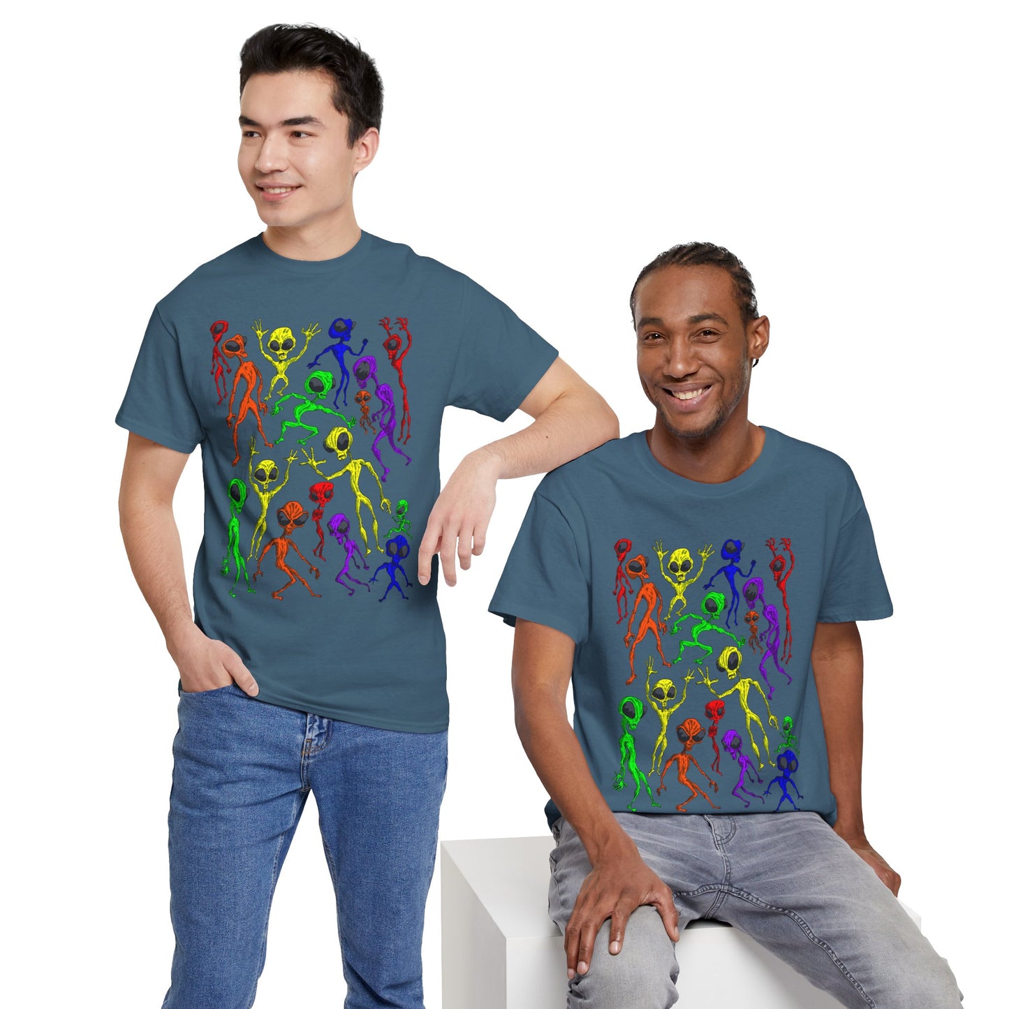 Rainbow Alien Dance Party Unisex Tee - Cosmic Sci-Fi Shirt