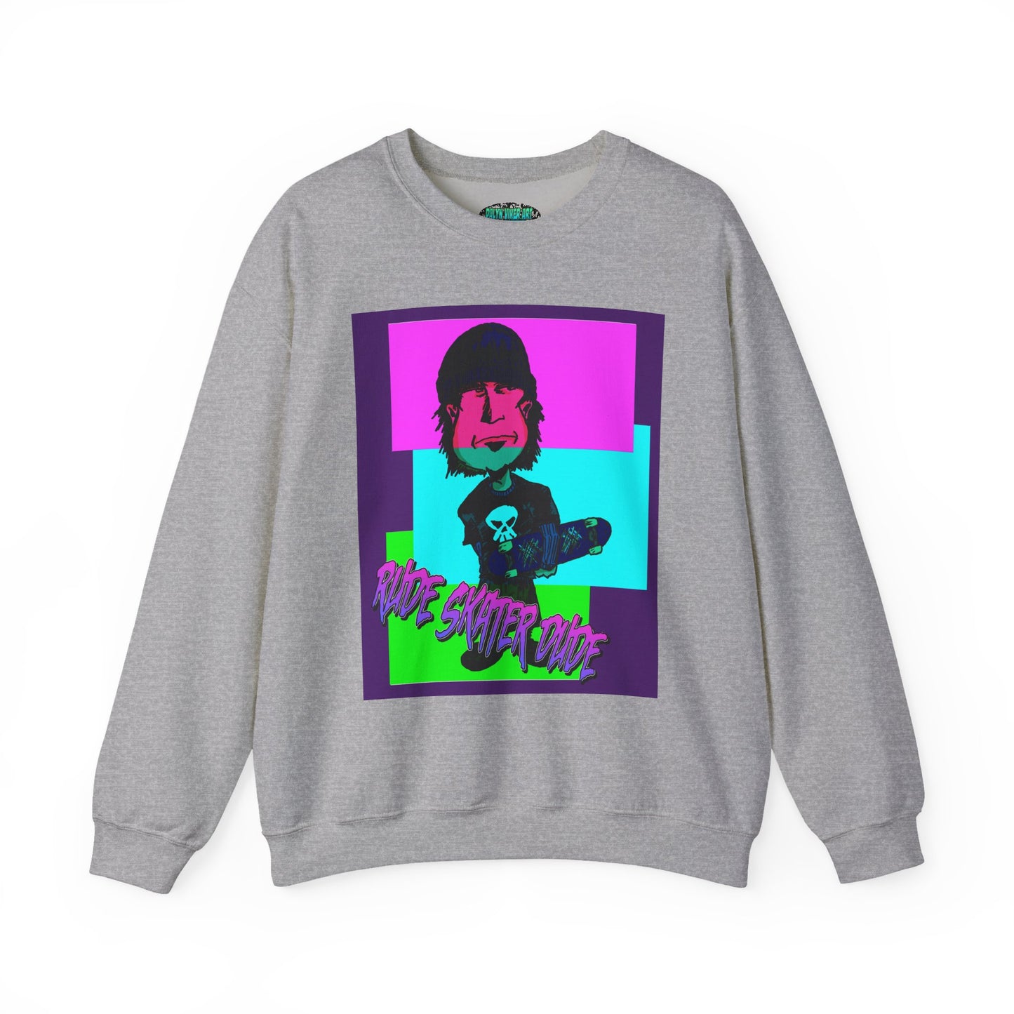 Crewneck Sweatshirt — Retro Neon Skate Punk "Rude Skater Dude" Graphic