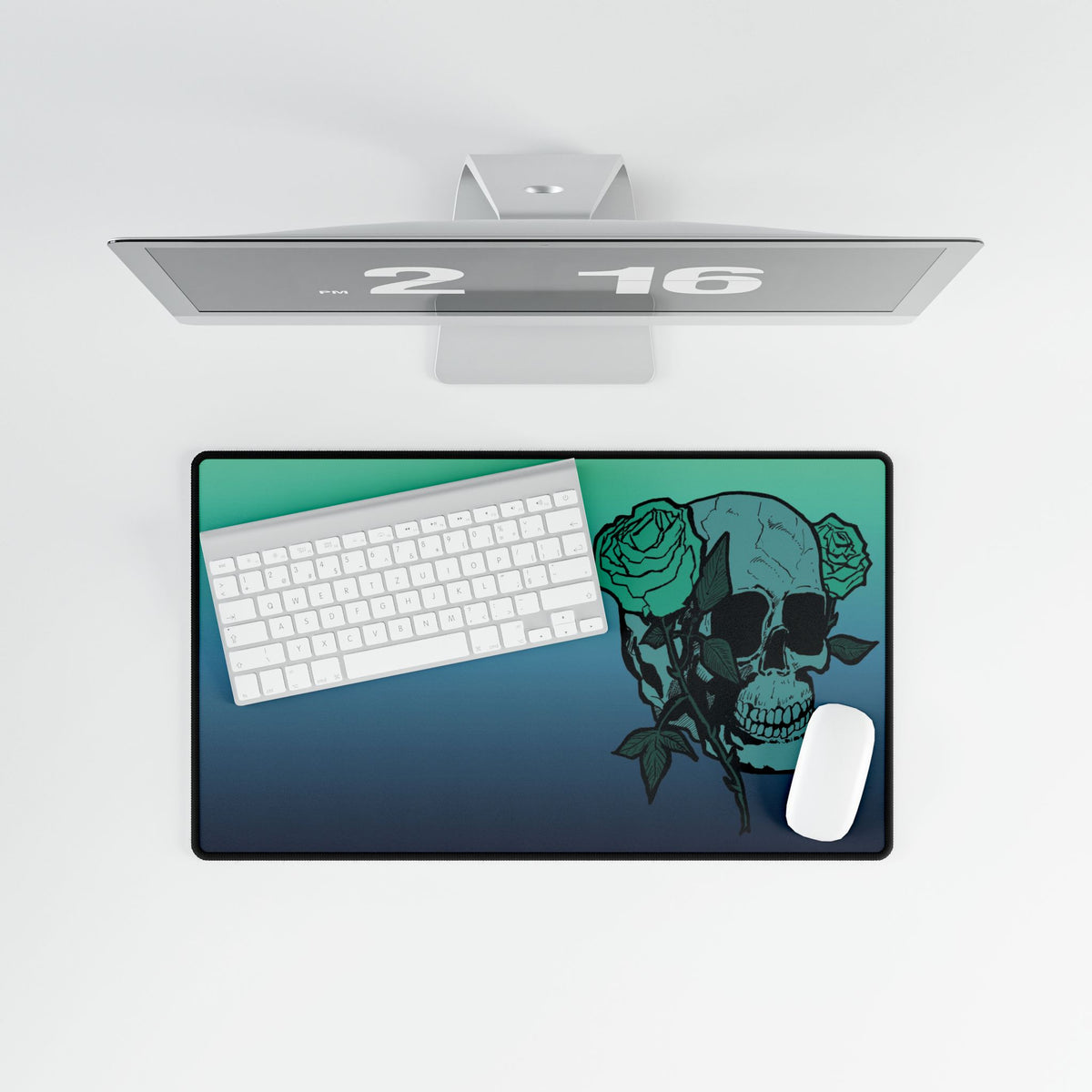 Gradient Skull Desk Mat with Teal Rose — Large Gaming/Office Desk Pad and Card Playing Mat