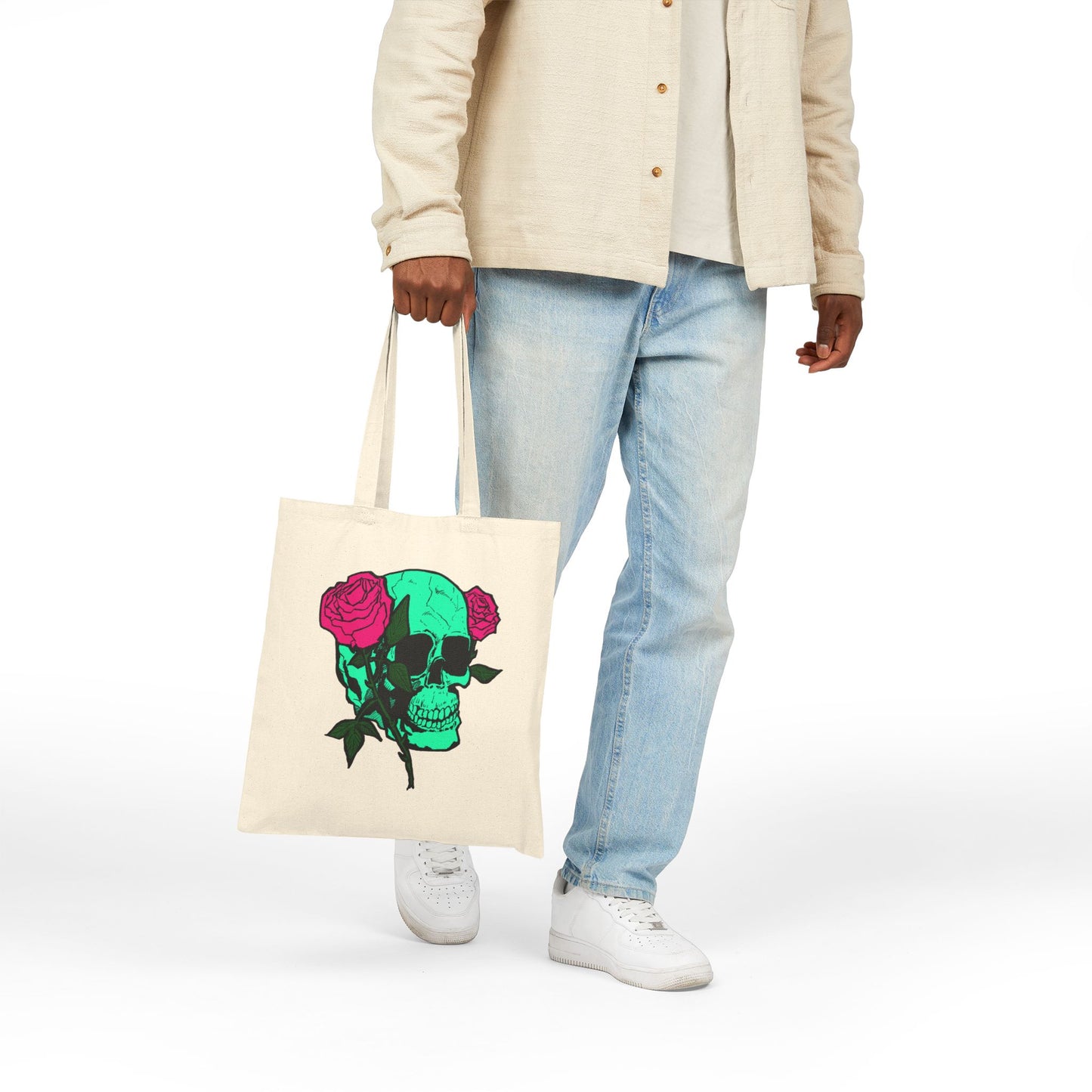 Skull & Roses Canvas Tote — Green Skull with Pink Roses Cotton Bag