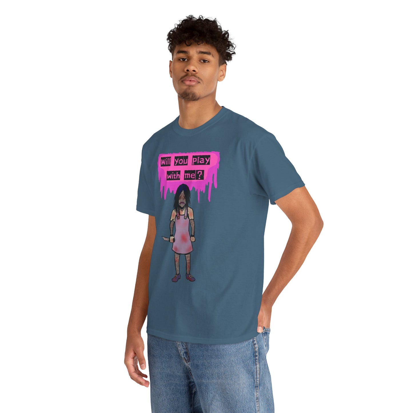 Playful Evil Doll Horror Graphic Tee, Unisex Heavy Cotton Shirt, Casual Wear, Unique Gift, Halloween Costume, Quirky Fashion