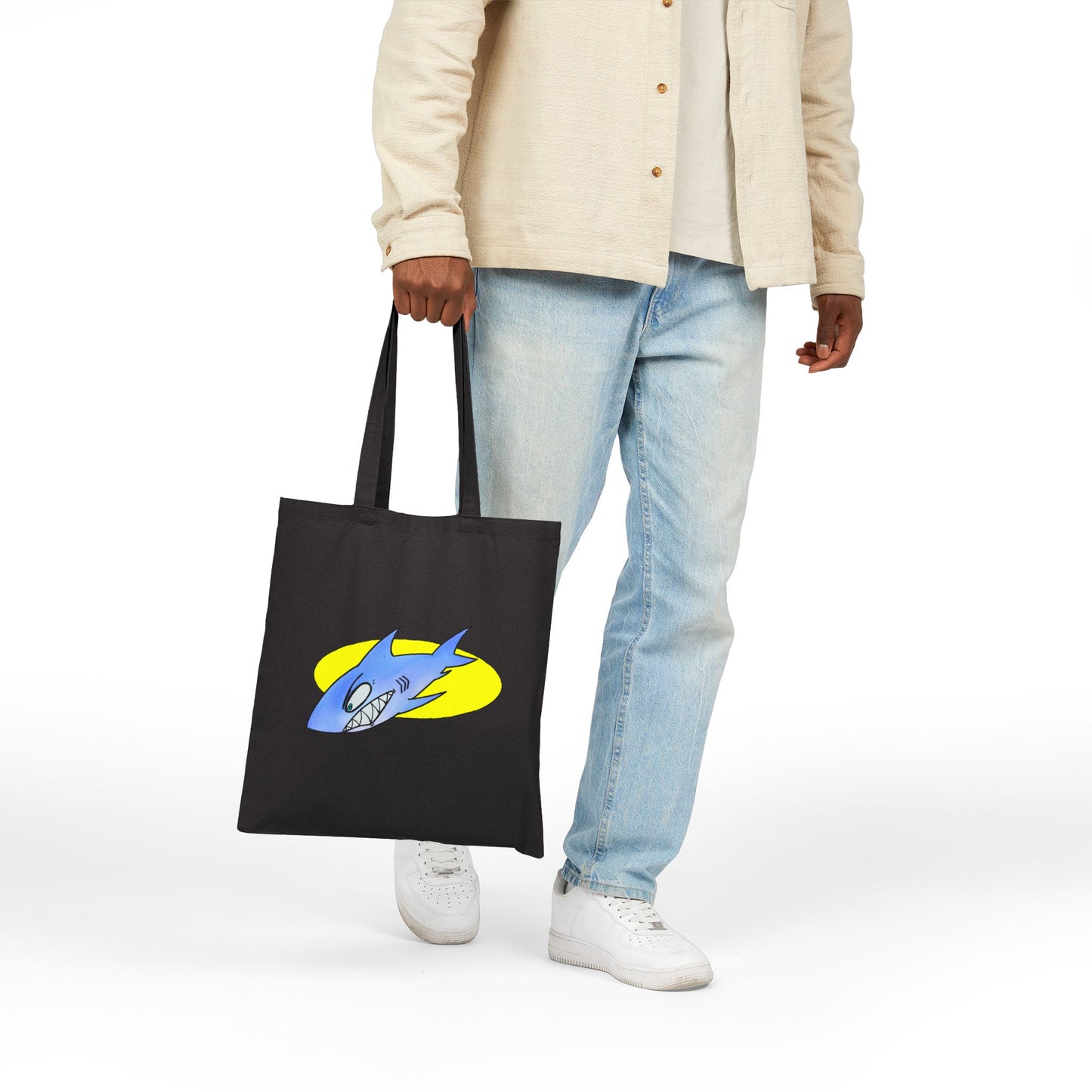 Shark Graphic Tote Bag – Retro Blue Shark Design on Natural Canvas