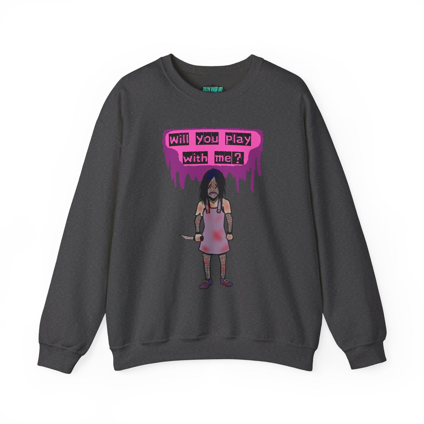 Evil Doll GHOSTLY VINTAGE UNISEX CREWNECK SWEATSHIRT - "Will You Play With Me?"