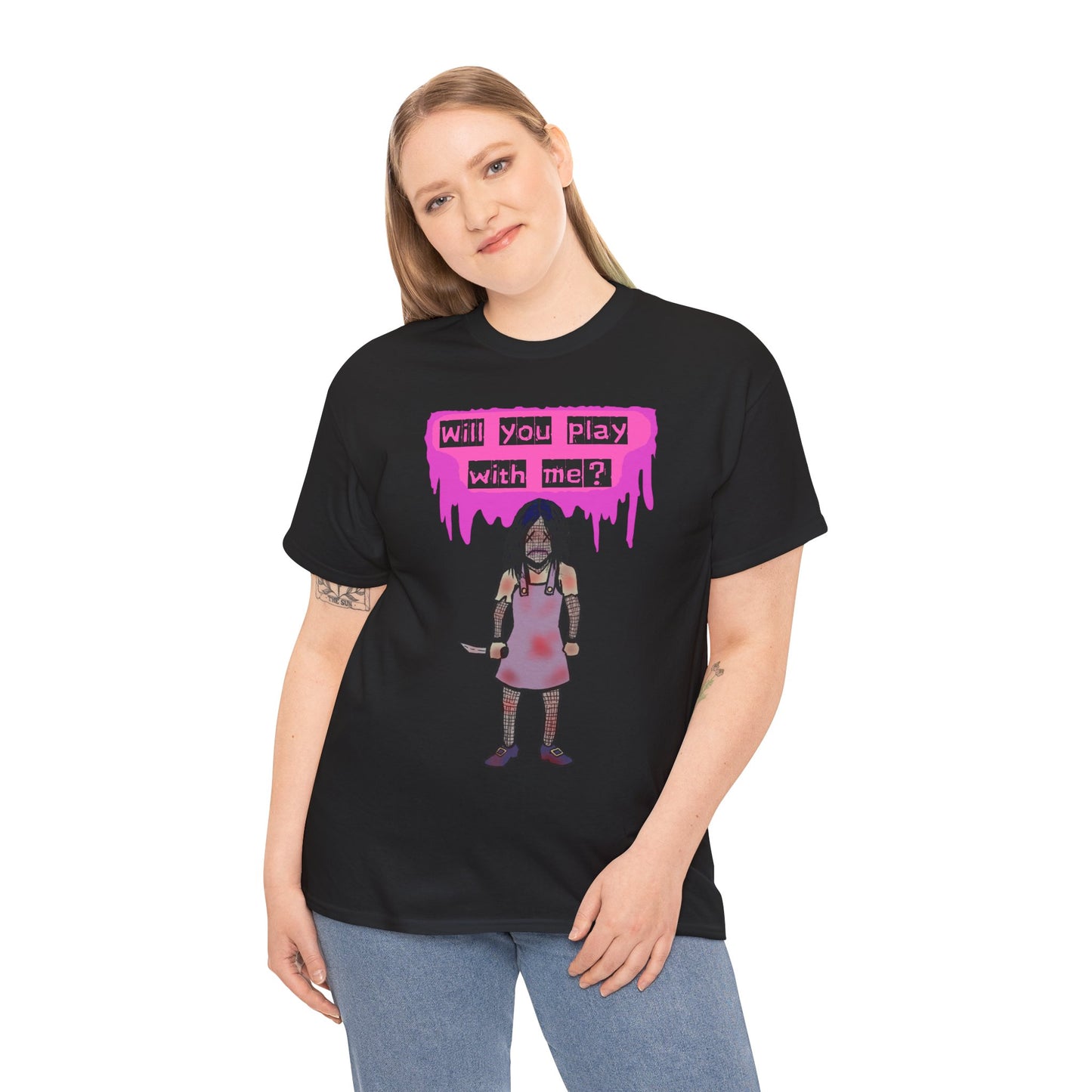 Playful Evil Doll Horror Graphic Tee, Unisex Heavy Cotton Shirt, Casual Wear, Unique Gift, Halloween Costume, Quirky Fashion