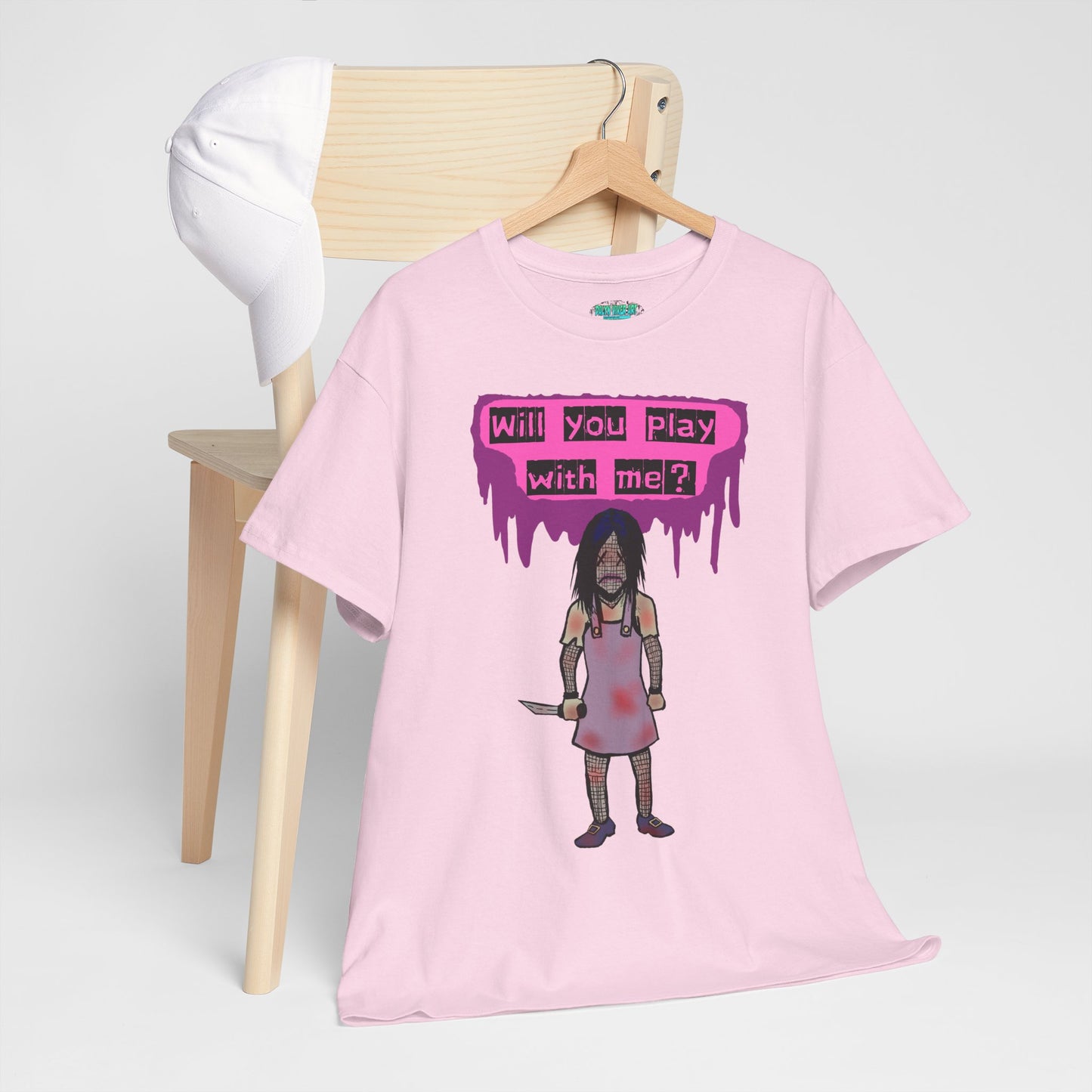 Chilling Evil Doll Horror Tee, Horror T-Shirt, Grey Tee, Unique Graphic Tee, Unisex Tee, Playful Scary Top, Halloween Shirt