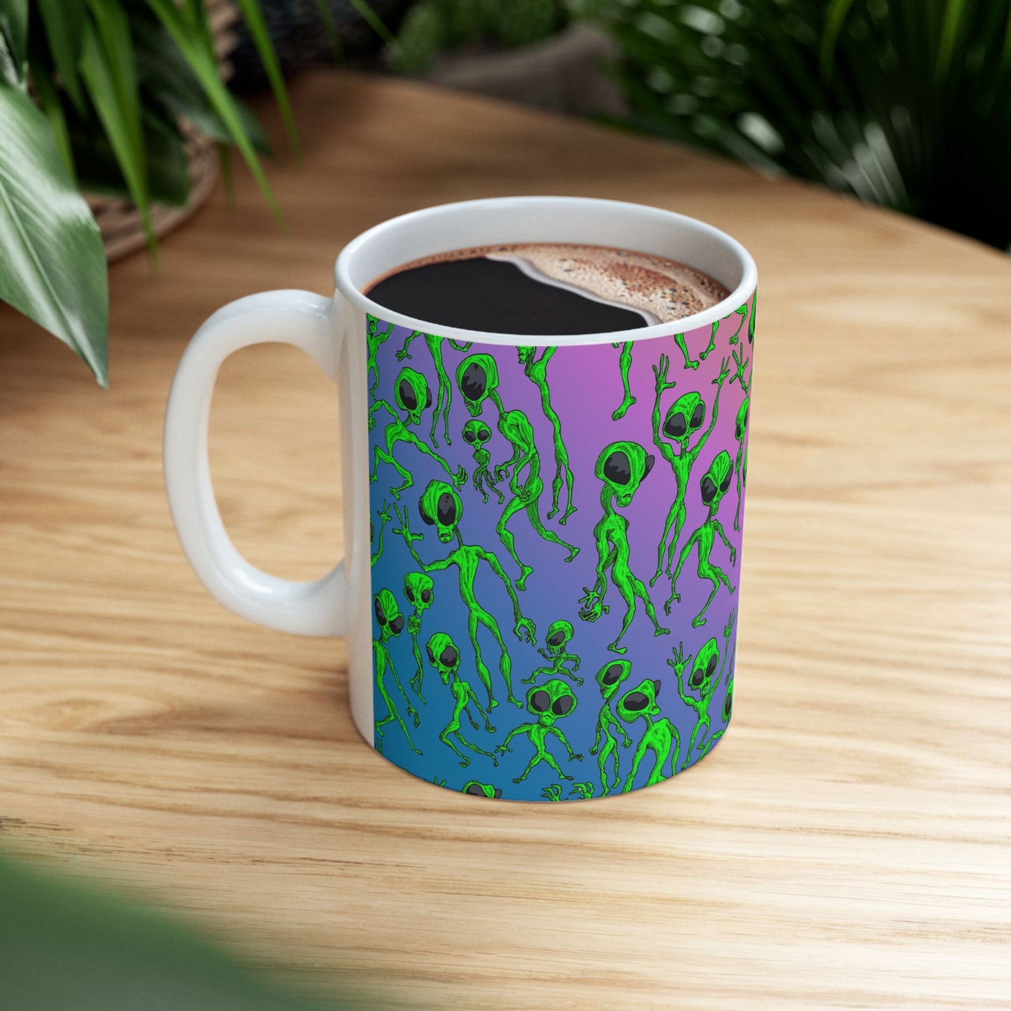 Alien Dance Party Ceramic Mug — Colorful Psychedelic Green Aliens (11oz & 15oz)
