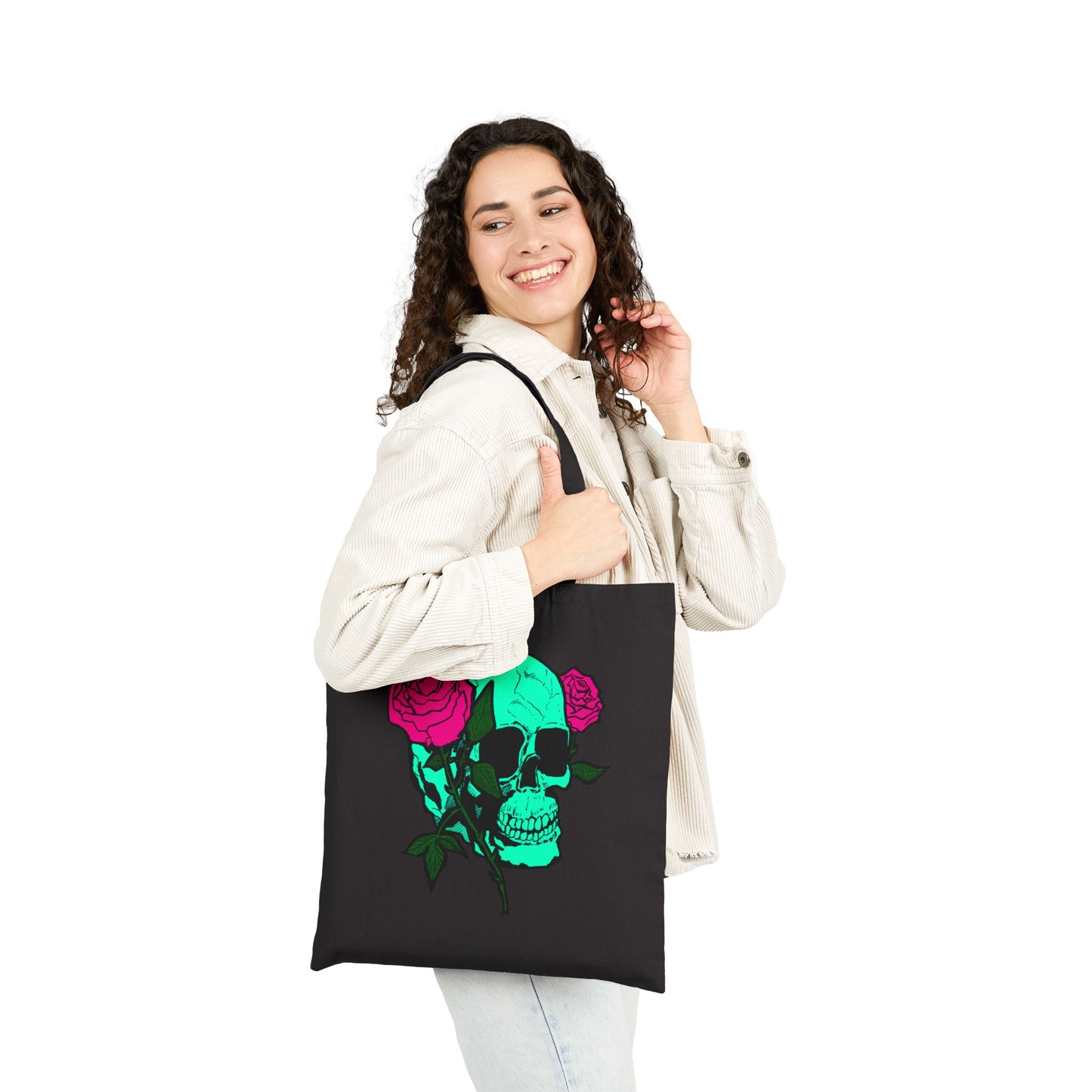Skull & Roses Canvas Tote — Green Skull with Pink Roses Cotton Bag