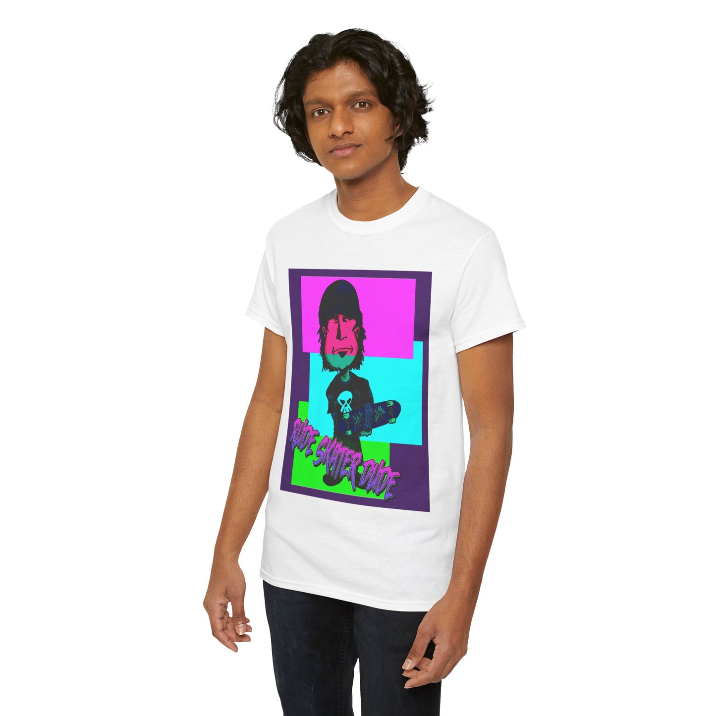 Retro Neon Skateboard Tee — "Rude Skater Dude" Graphic