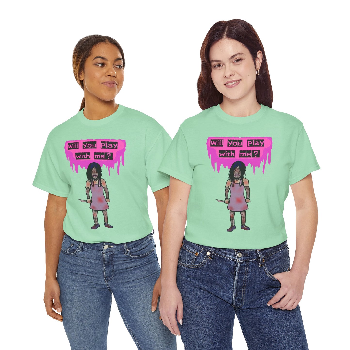 Playful Evil Doll Horror Graphic Tee, Unisex Heavy Cotton Shirt, Casual Wear, Unique Gift, Halloween Costume, Quirky Fashion
