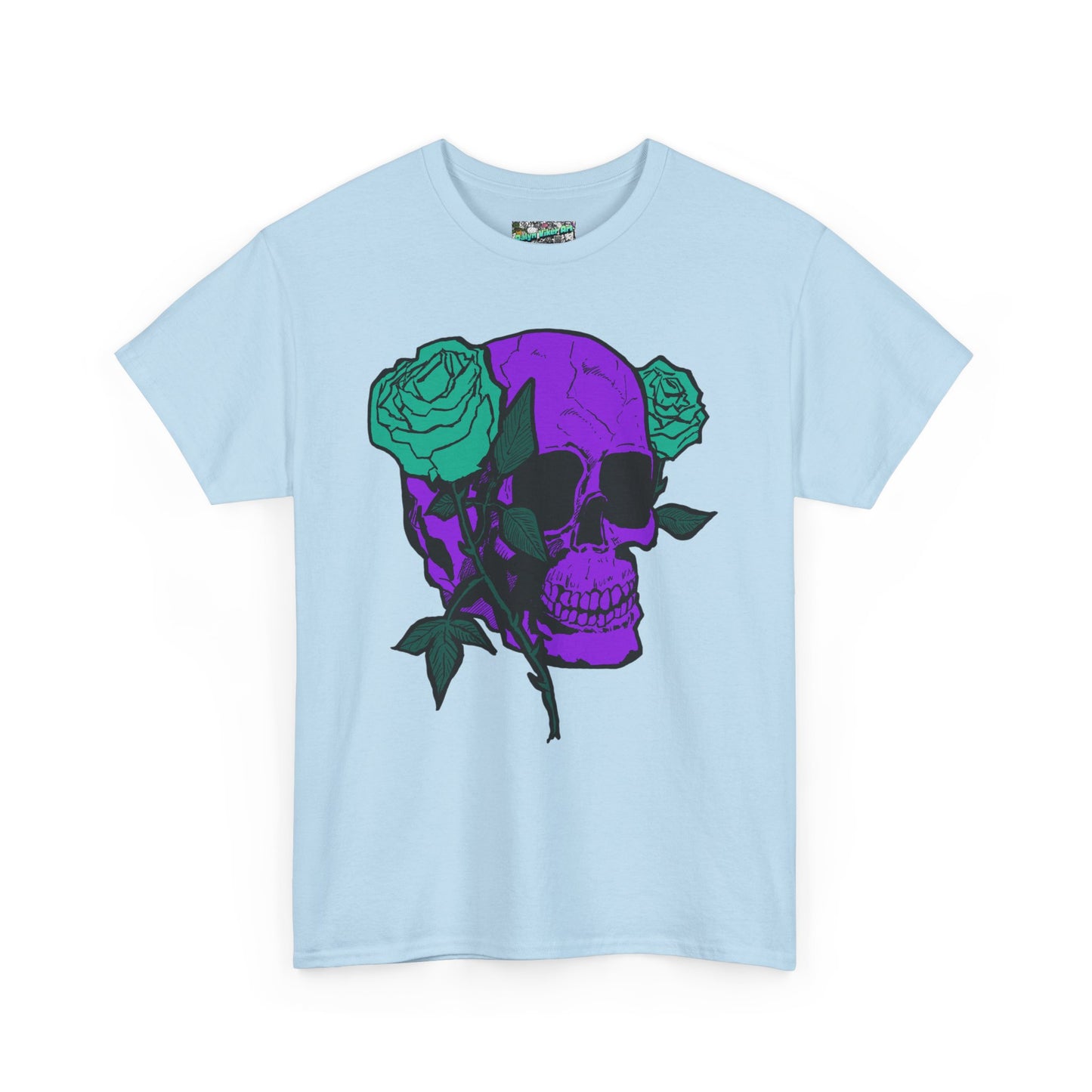 Skull & Rose Tee — Purple Skull with Turquoise Roses Graphic T-Shirt