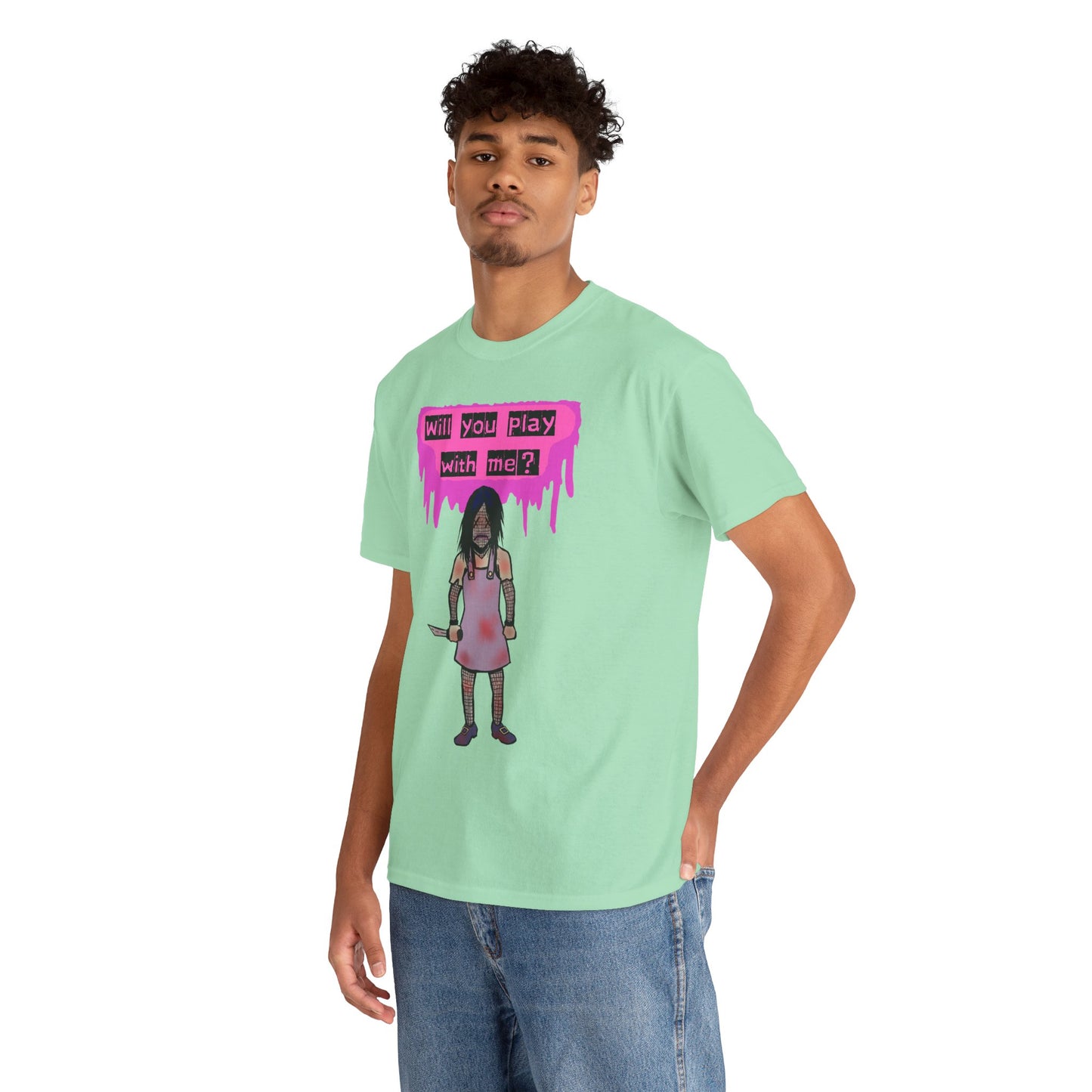 Playful Evil Doll Horror Graphic Tee, Unisex Heavy Cotton Shirt, Casual Wear, Unique Gift, Halloween Costume, Quirky Fashion