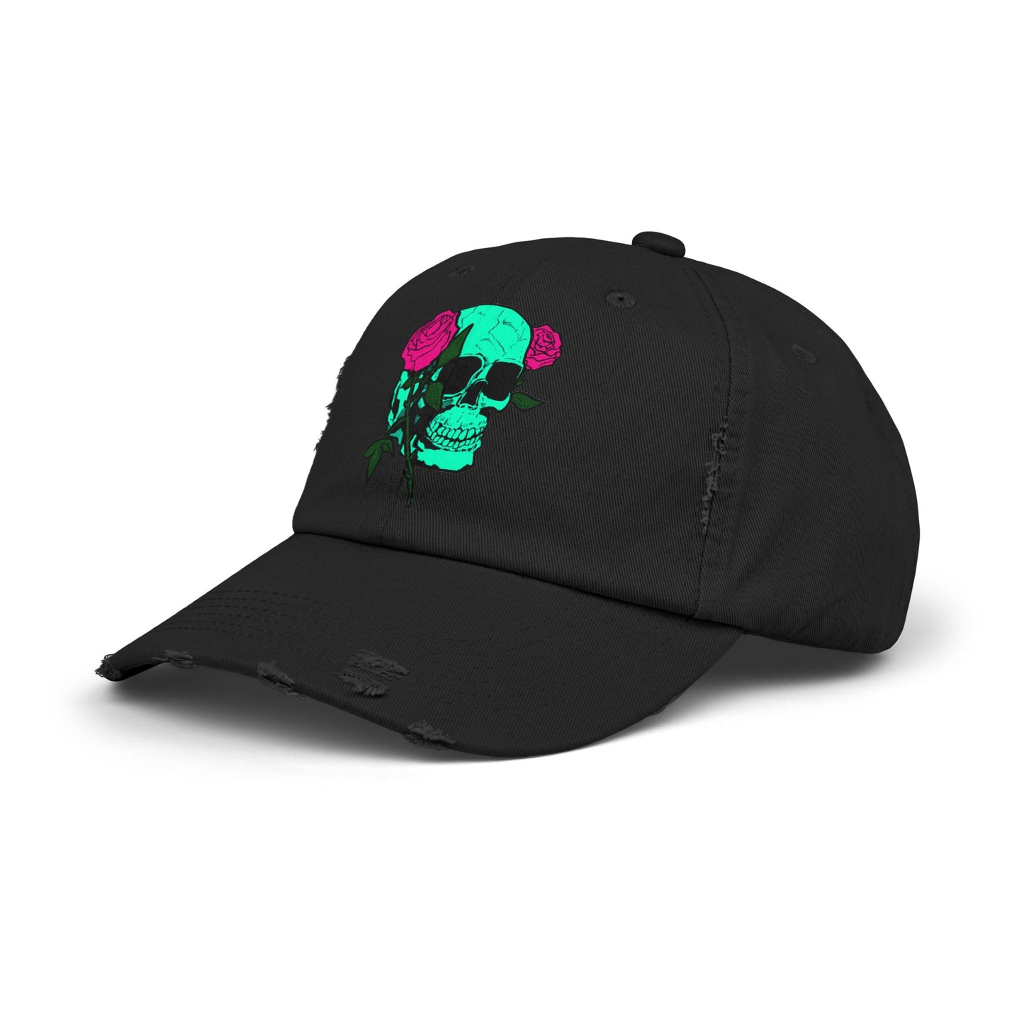 Trendy Distressed Skull Cap with Roses