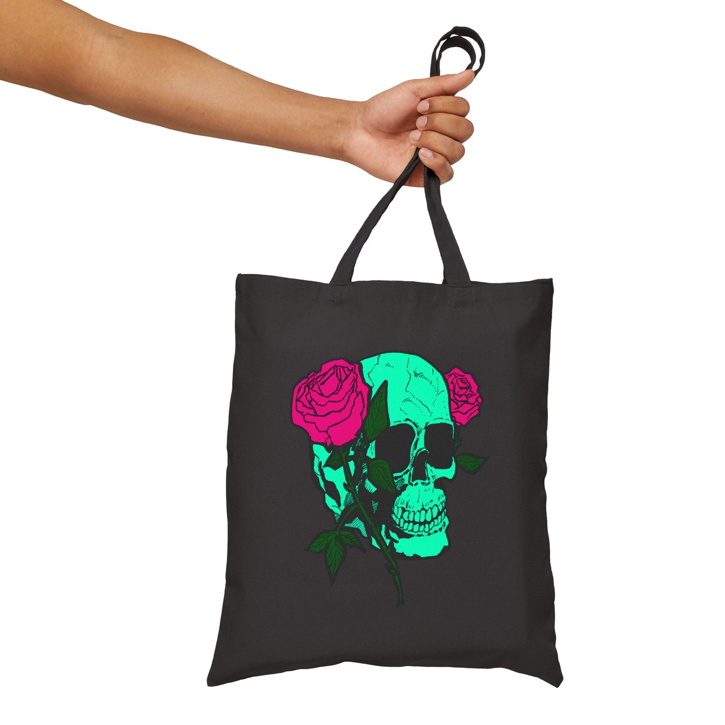 Skull & Roses Canvas Tote — Green Skull with Pink Roses Cotton Bag