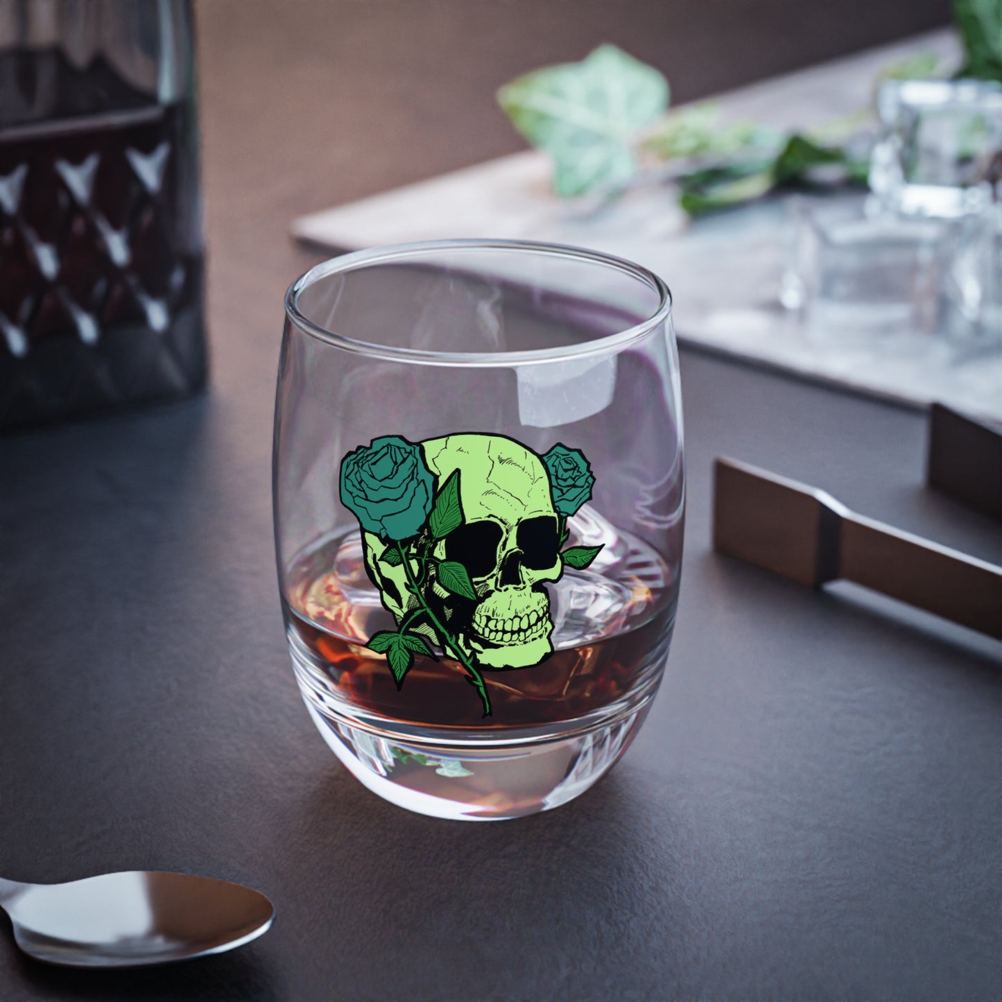 Decorative Skull and Rose(greens) Whiskey Glass - Unique Barware Gift