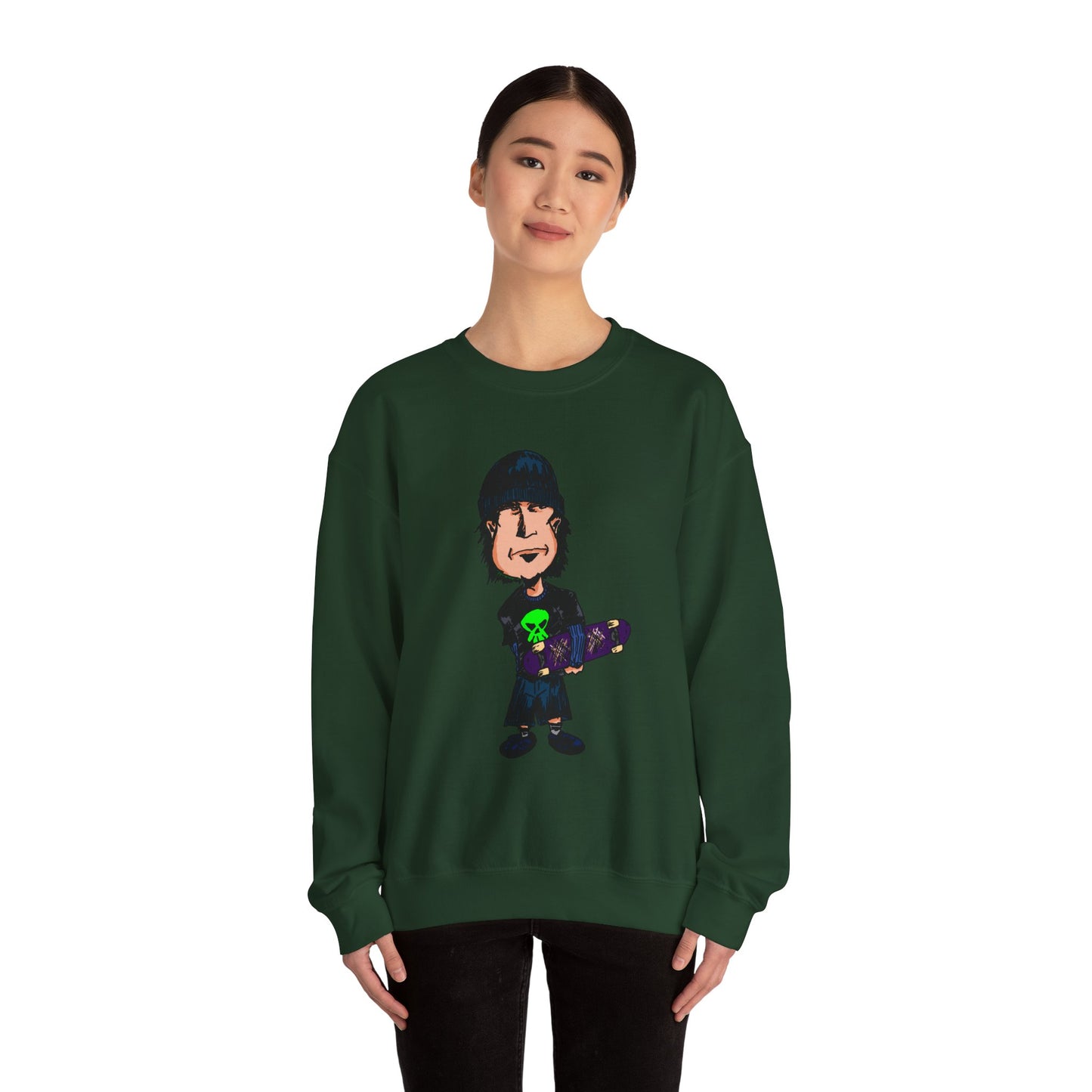 Rude Skater Dude - Cartoon Skate Punk Crewneck Sweatshirt — Retro Skateboard Character Graphic