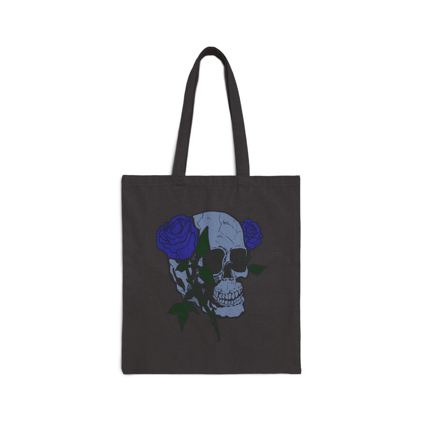 Skull with Blue Roses Cotton Tote Bag – Gothic Floral Canvas Shopper