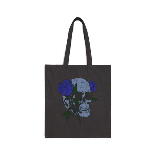 Skull with Blue Roses Cotton Tote Bag – Gothic Floral Canvas Shopper