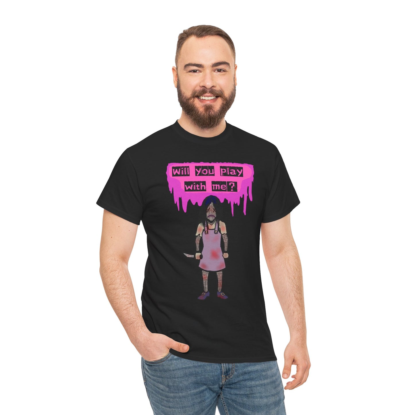 Playful Evil Doll Horror Graphic Tee, Unisex Heavy Cotton Shirt, Casual Wear, Unique Gift, Halloween Costume, Quirky Fashion