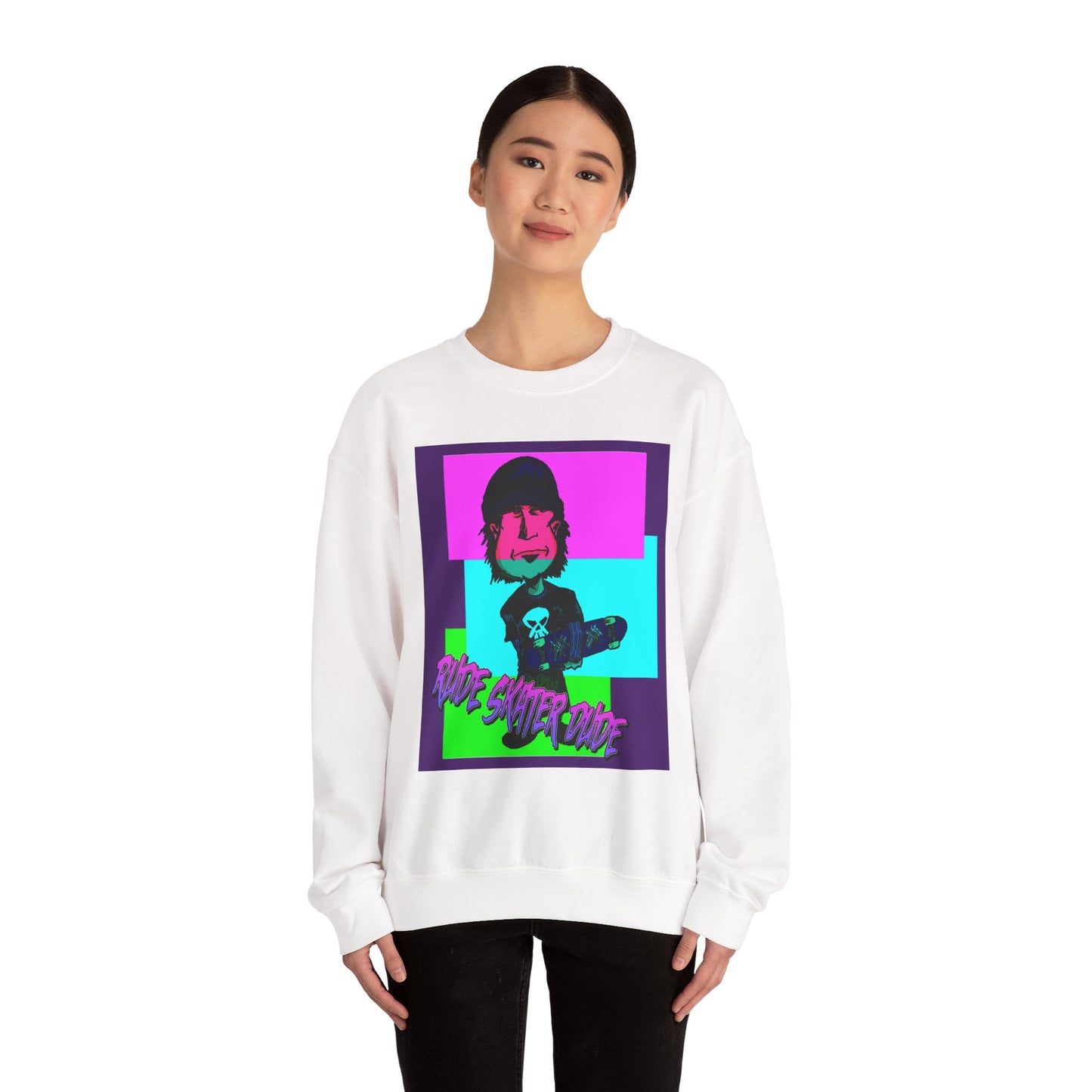 Crewneck Sweatshirt — Retro Neon Skate Punk "Rude Skater Dude" Graphic