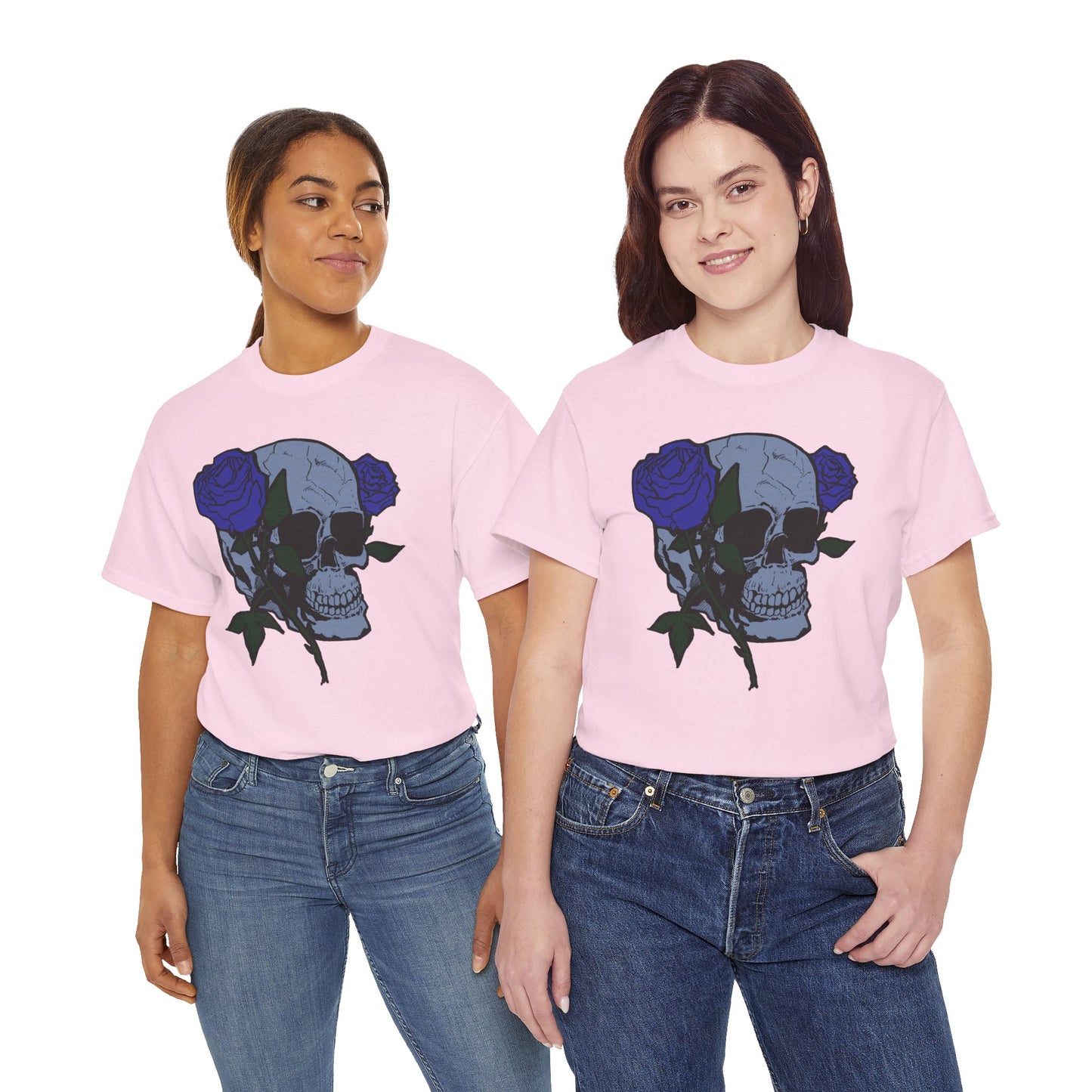 Unisex Heavy Cotton Tee with Skull and Rose Design - Edgy Streetwear Top