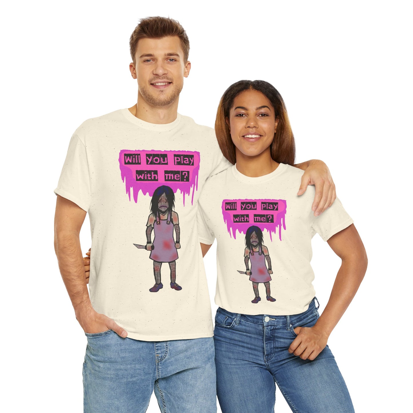 Playful Evil Doll Horror Graphic Tee, Unisex Heavy Cotton Shirt, Casual Wear, Unique Gift, Halloween Costume, Quirky Fashion