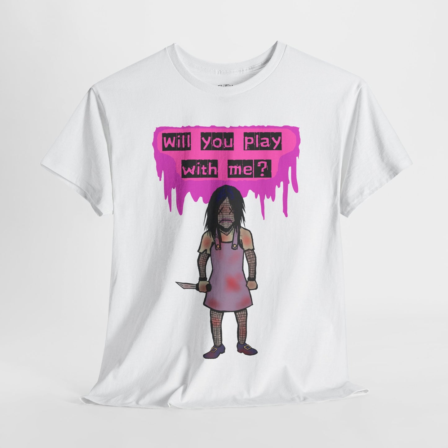 Playful Evil Doll Horror Graphic Tee, Unisex Heavy Cotton Shirt, Casual Wear, Unique Gift, Halloween Costume, Quirky Fashion