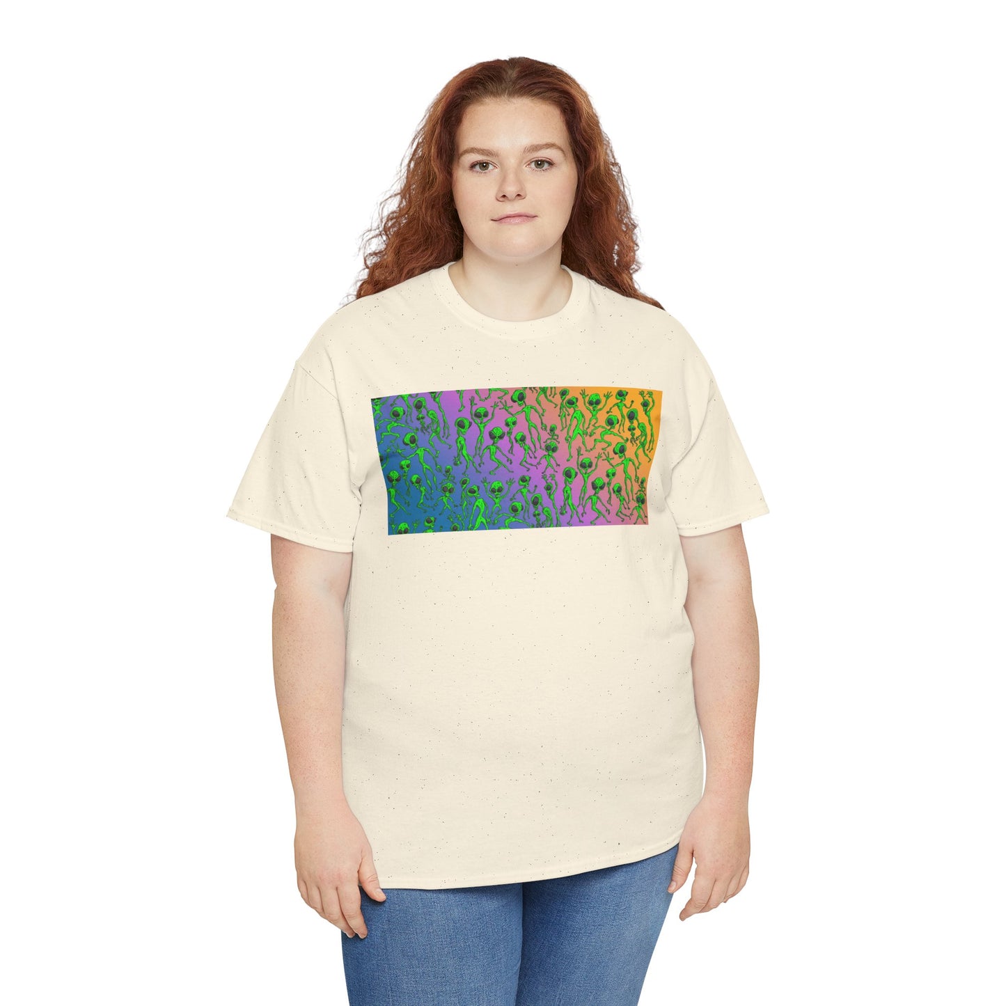 Alien Dance Party Gradient Tee — Colorful Psychedelic Green Aliens Art T-Shirt