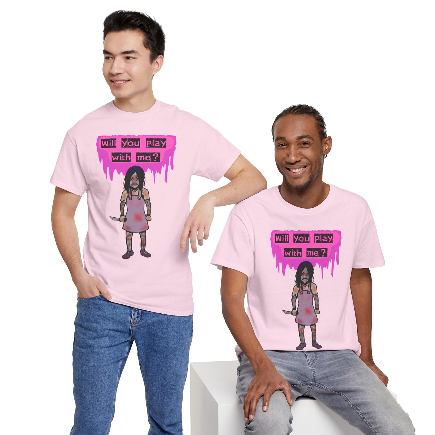 Playful Evil Doll Horror Graphic Tee, Unisex Heavy Cotton Shirt, Casual Wear, Unique Gift, Halloween Costume, Quirky Fashion