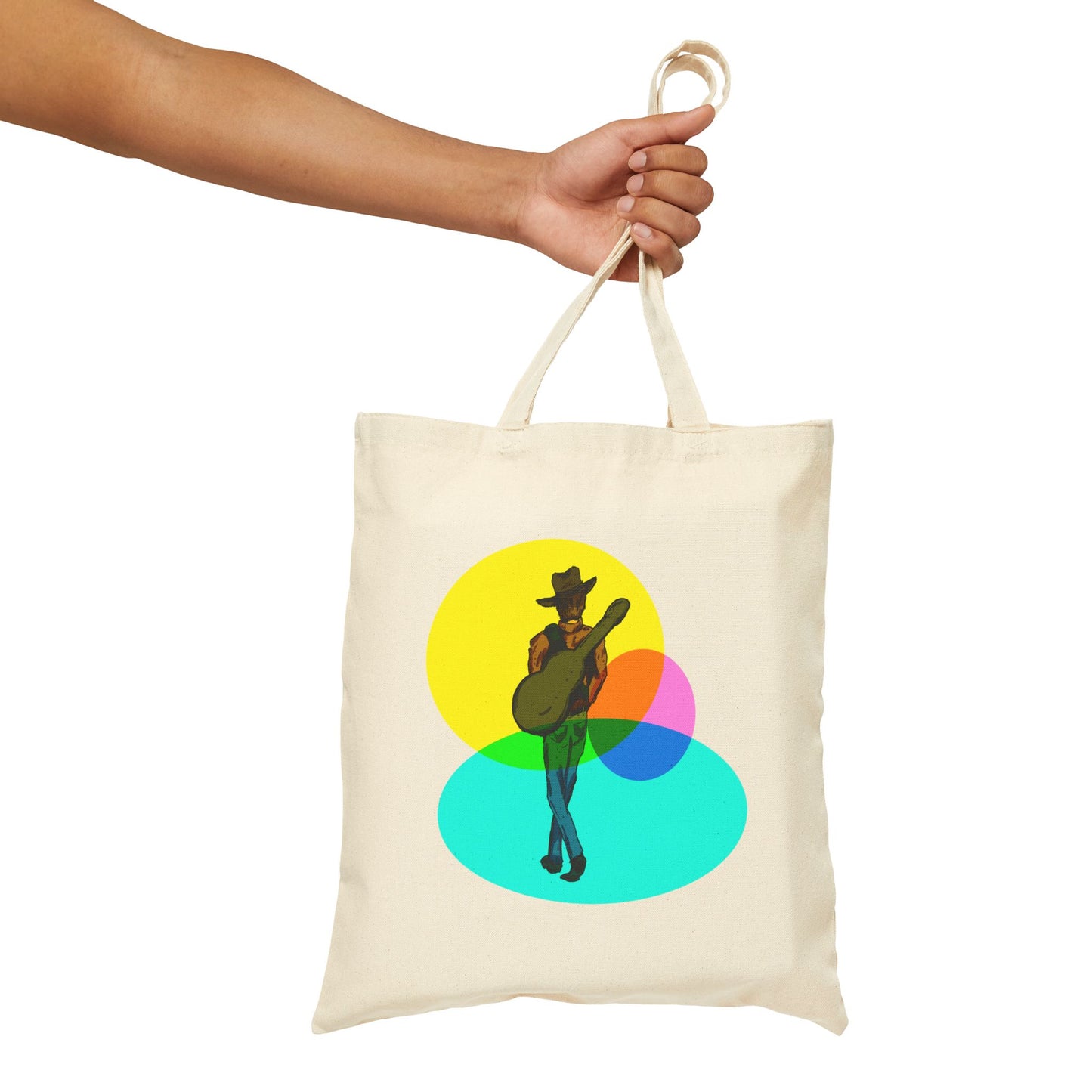 Cowboy Musician Tote Bag — Silhouette Guitarist Colorful Retro Circles Canvas Tote