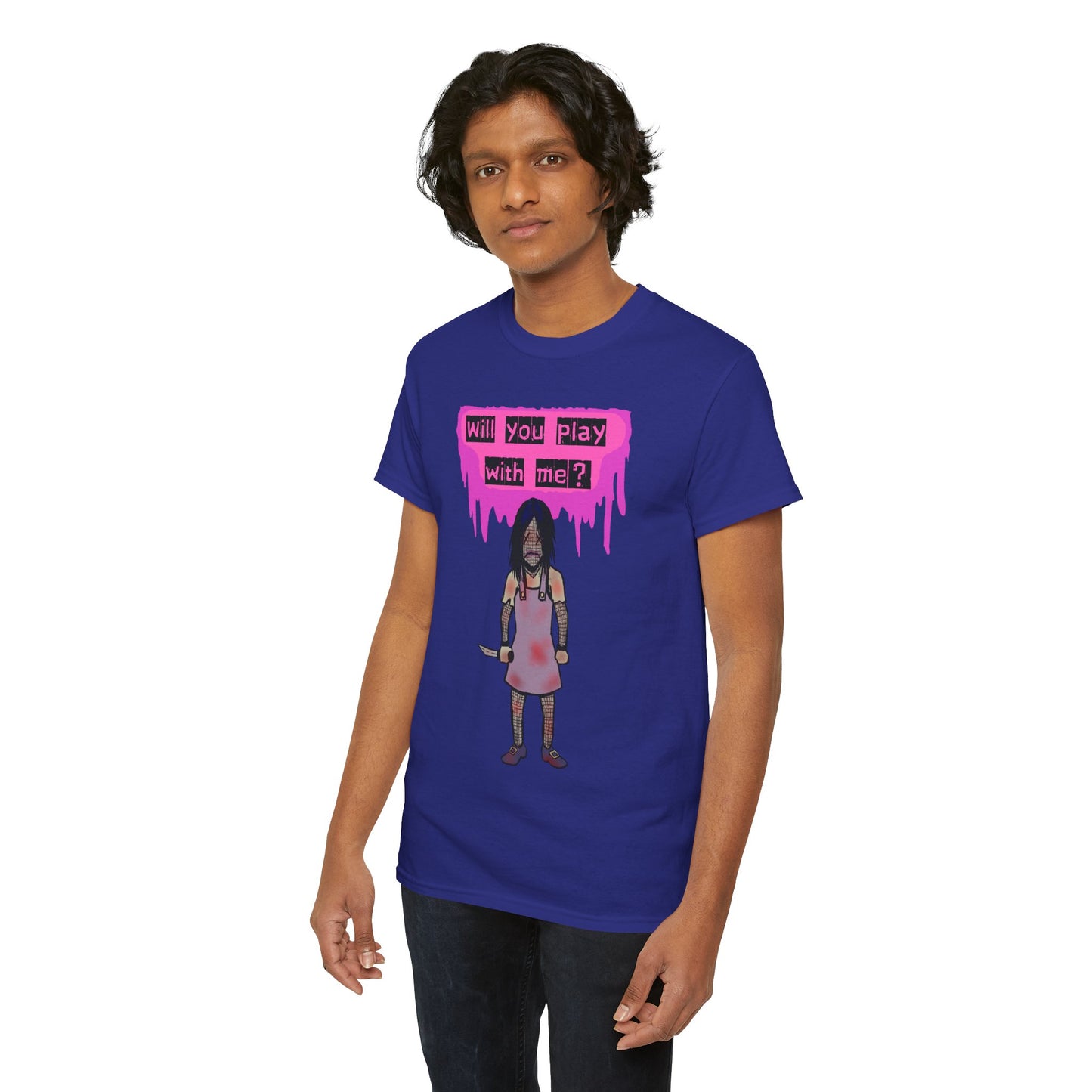 Playful Evil Doll Horror Graphic Tee, Unisex Heavy Cotton Shirt, Casual Wear, Unique Gift, Halloween Costume, Quirky Fashion