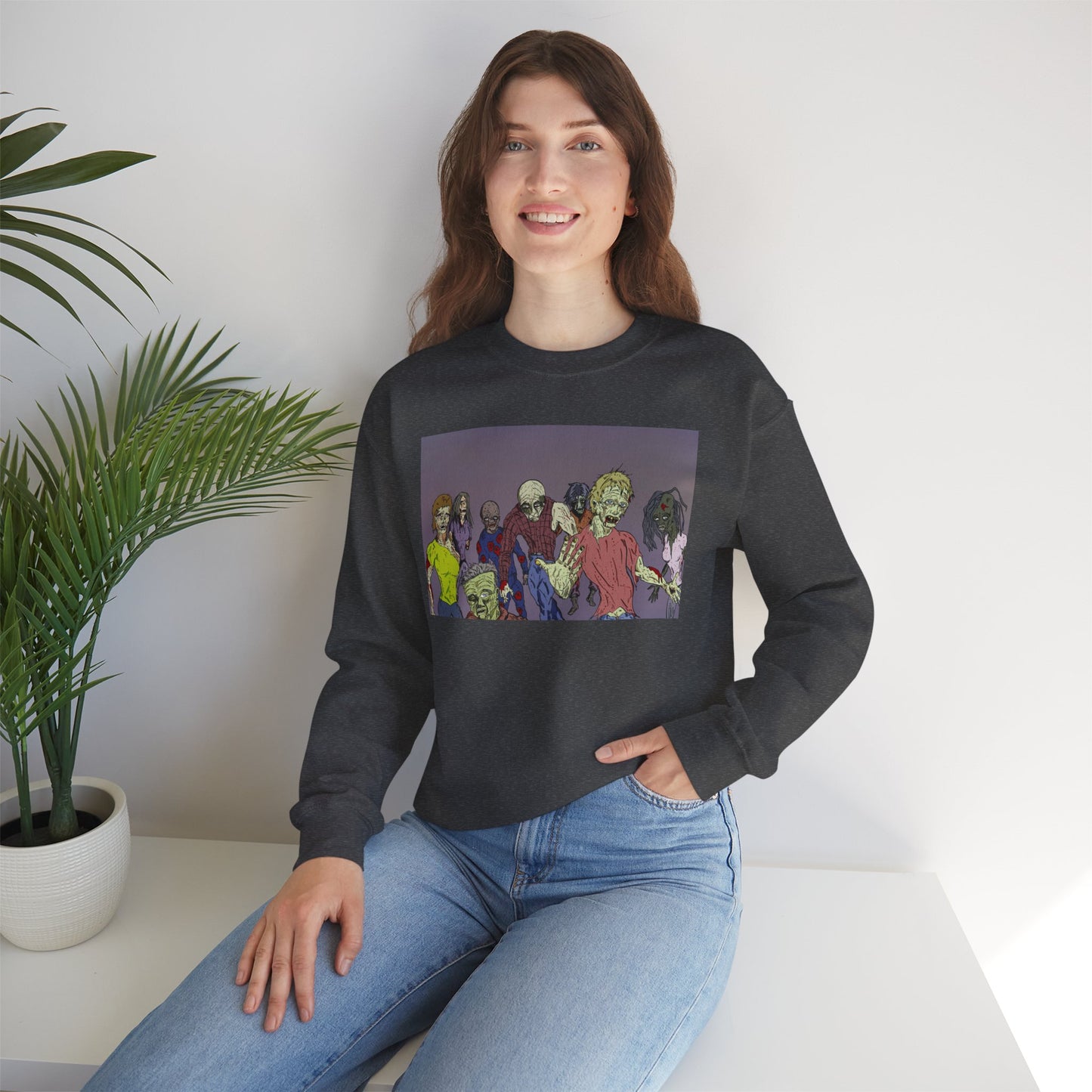 Zombie-Themed Unisex Crewneck Sweatshirt - Perfect for Halloween and Horror Lovers