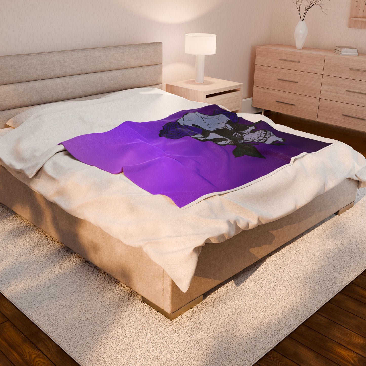 Purple Skull & Roses Velveteen Plush Blanket – Gothic Floral Throw