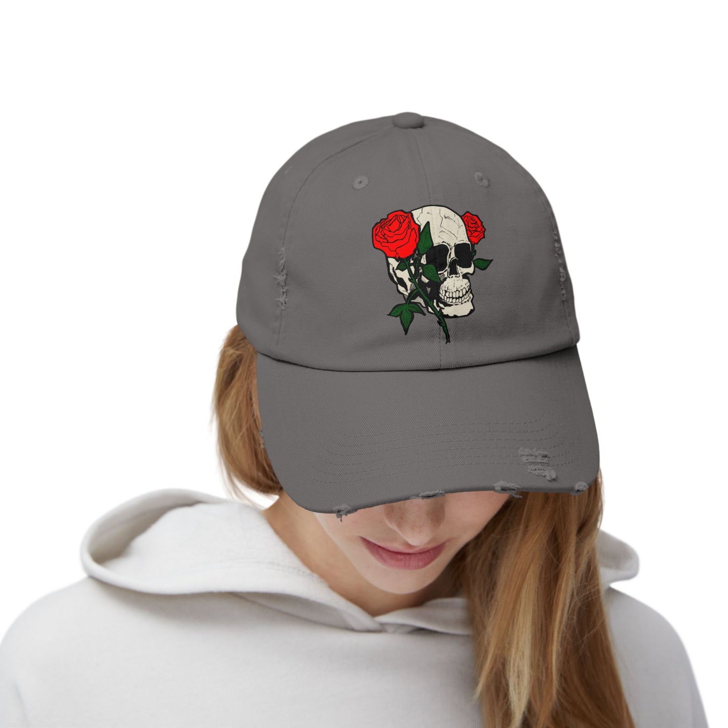Skull and Roses Distressed Unisex Cap – Edgy Fashion Accessory for Music Lovers