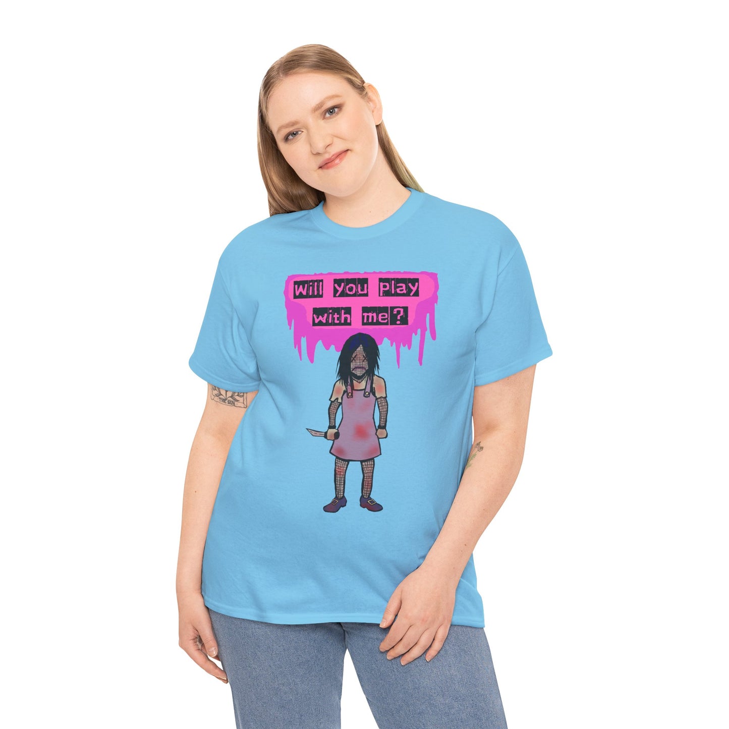 Playful Evil Doll Horror Graphic Tee, Unisex Heavy Cotton Shirt, Casual Wear, Unique Gift, Halloween Costume, Quirky Fashion