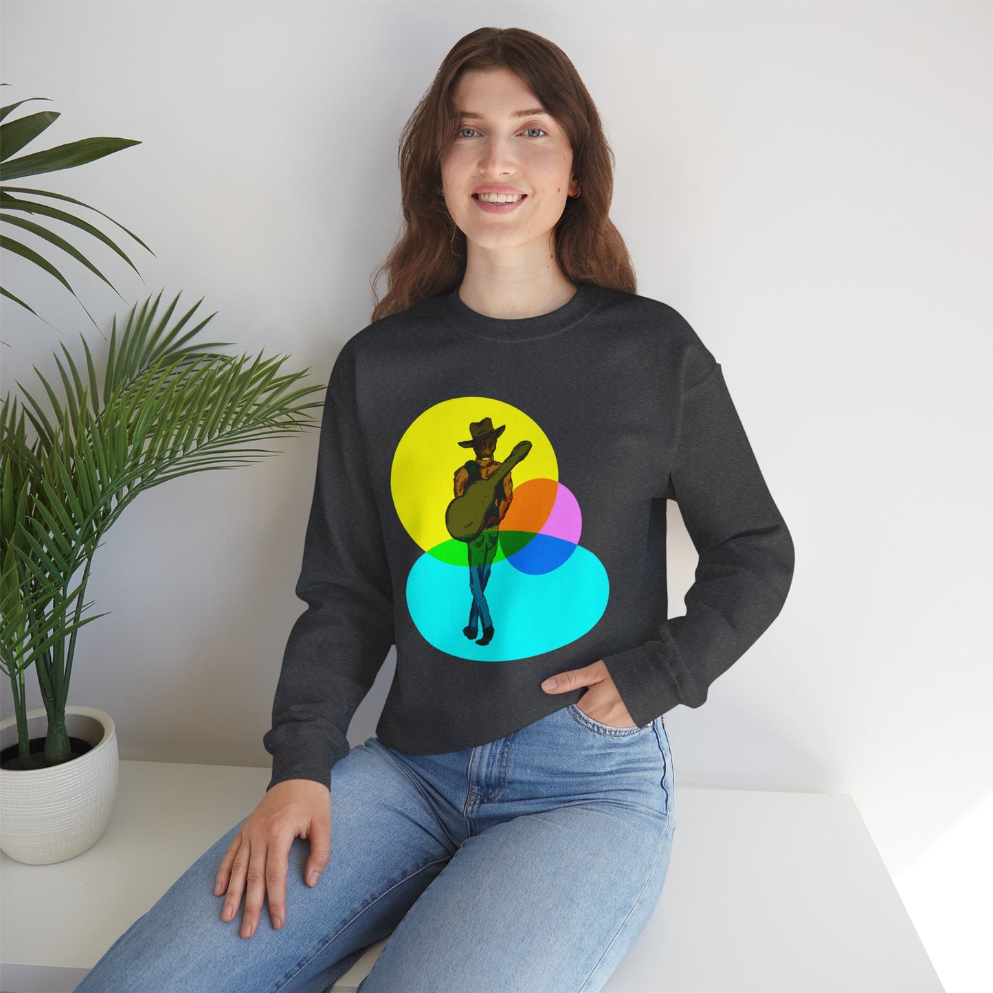 Cowboy Guitarist Graphic Sweatshirt — Retro Color Spot Music Pullover