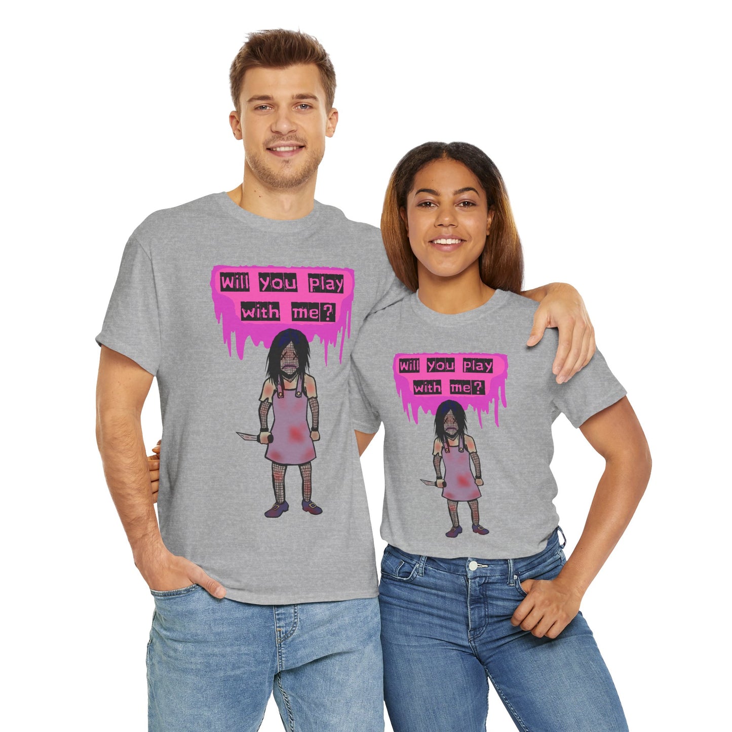Playful Evil Doll Horror Graphic Tee, Unisex Heavy Cotton Shirt, Casual Wear, Unique Gift, Halloween Costume, Quirky Fashion