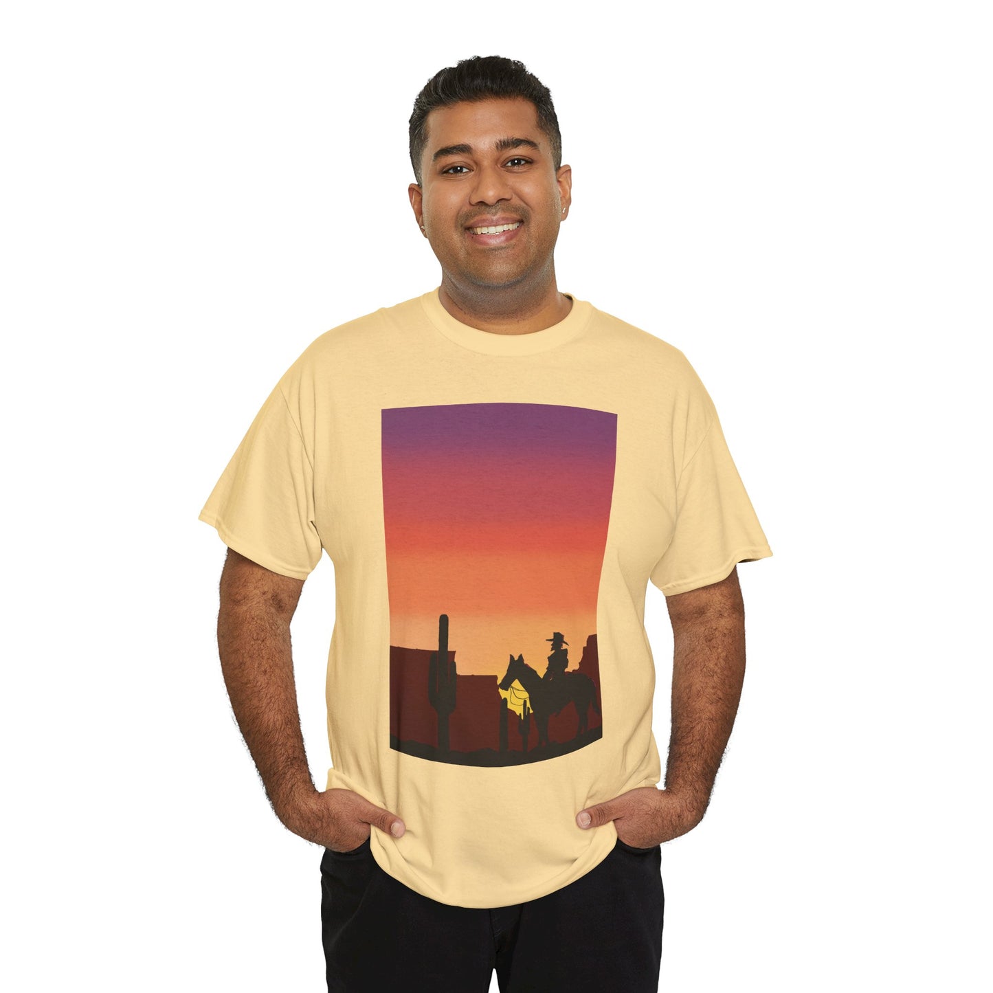 Sunset Cowboy Unisex Heavy Cotton Tee - Western Graphic Tee for Nature Lovers