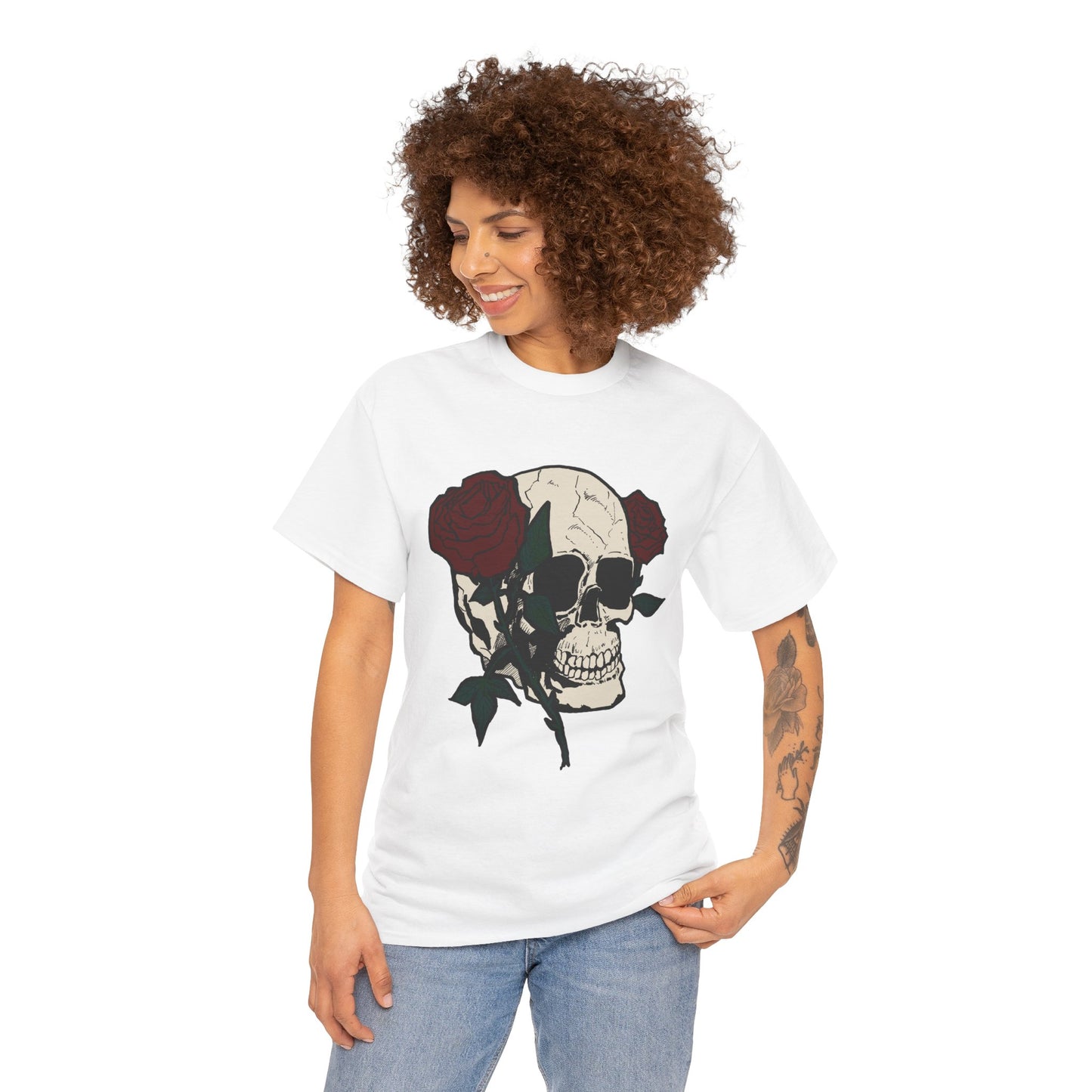 Skull and Roses Unisex Heavy Cotton Tee - Edgy Graphic T-Shirt for Impactful Style