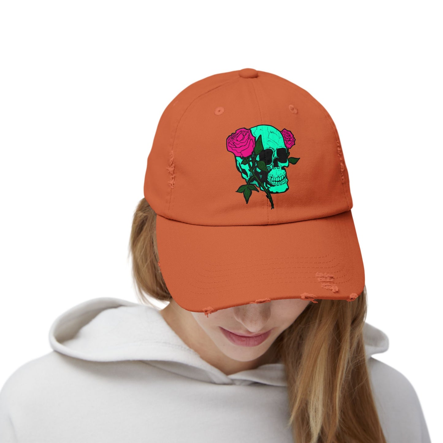Trendy Distressed Skull Cap with Roses