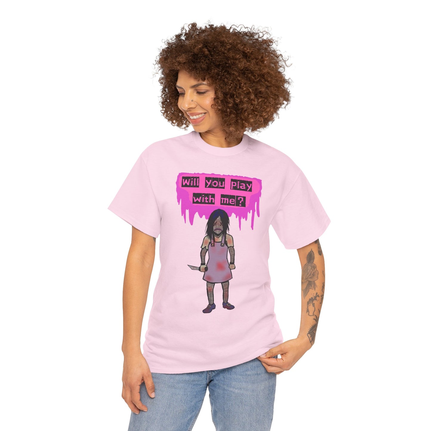 Playful Evil Doll Horror Graphic Tee, Unisex Heavy Cotton Shirt, Casual Wear, Unique Gift, Halloween Costume, Quirky Fashion