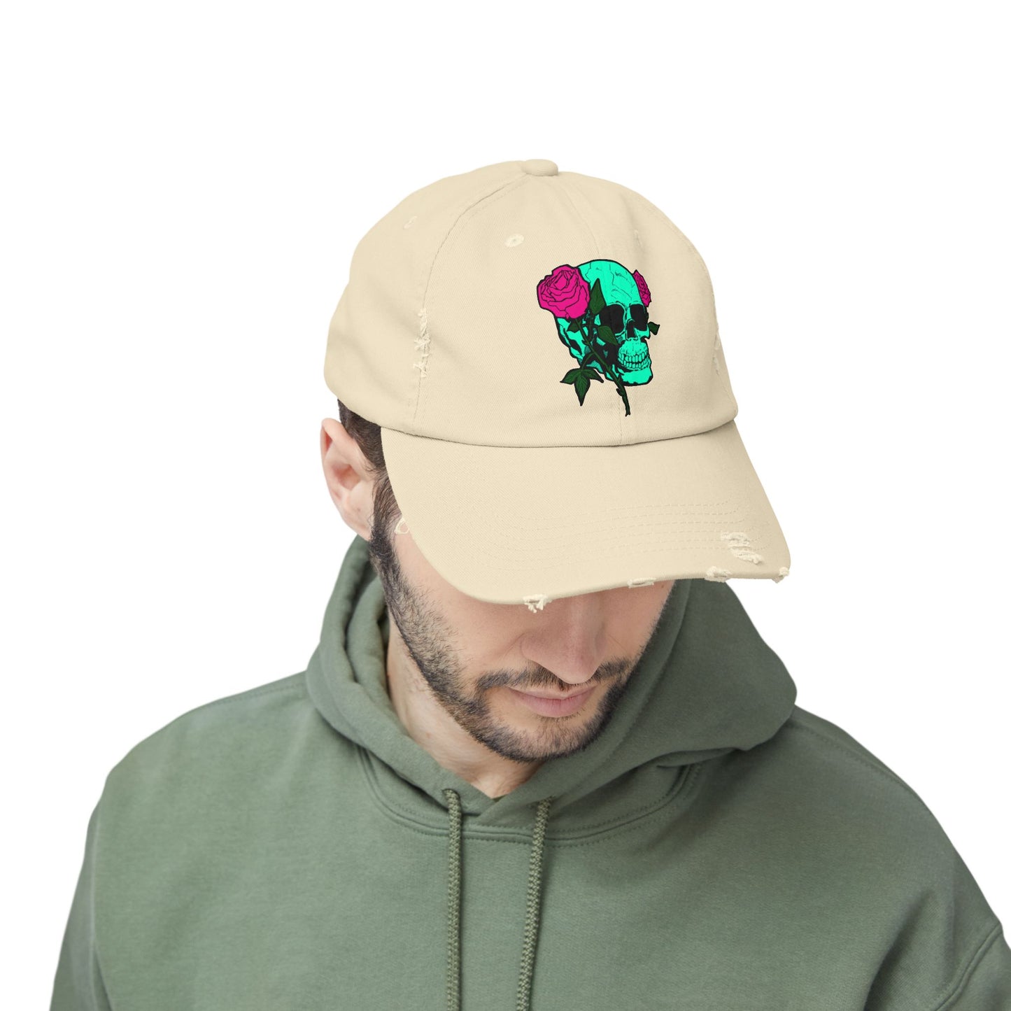 Trendy Distressed Skull Cap with Roses