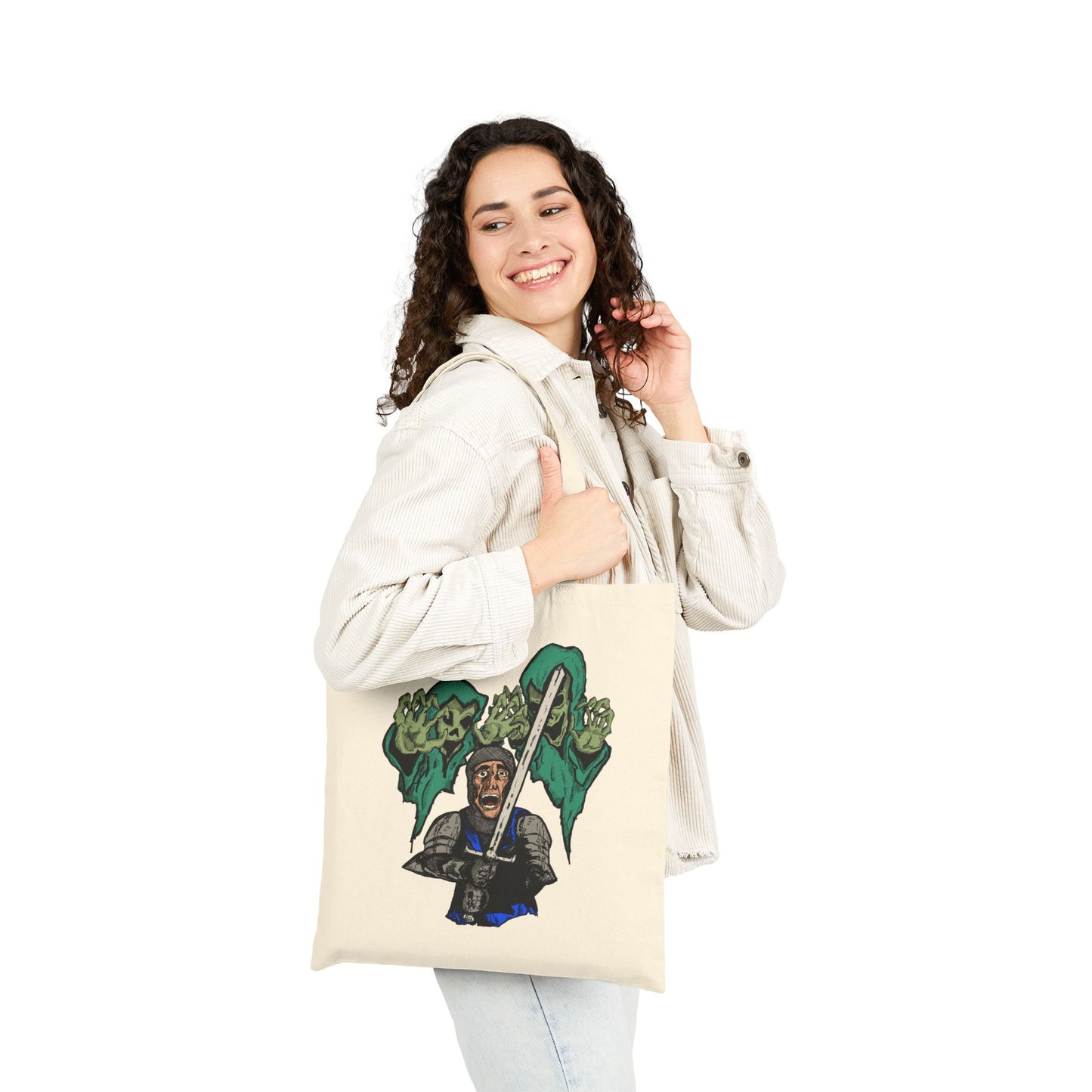 Knight Fright Graphic Canvas Tote — Warrior with Sword & Wraiths Design