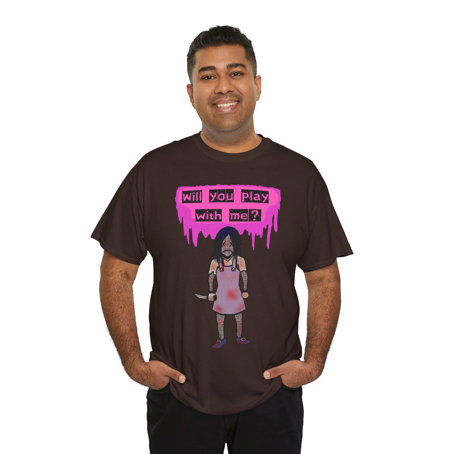 Playful Evil Doll Horror Graphic Tee, Unisex Heavy Cotton Shirt, Casual Wear, Unique Gift, Halloween Costume, Quirky Fashion