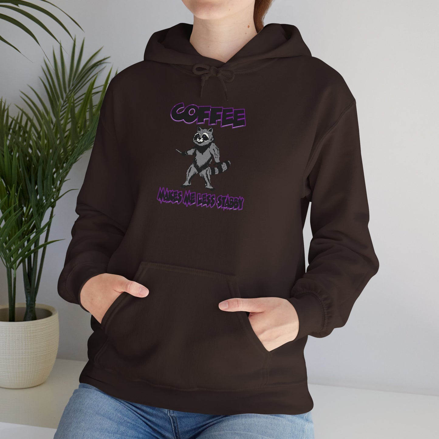 Coffee Makes Me Less Stabby Themed Unisex Hoodie with Fun Raccoon Design, Perfect for Coffee Lovers, Gift for Birthdays, Chill Days, Cozy Sweater