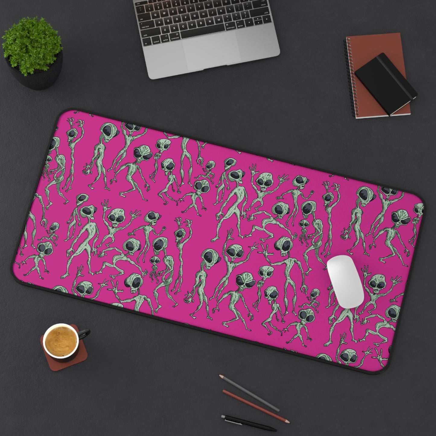 Alien Dance Party Desk Mat - Vibrant Pink Cosmic Sci-Fi Outer Space Intergalactic