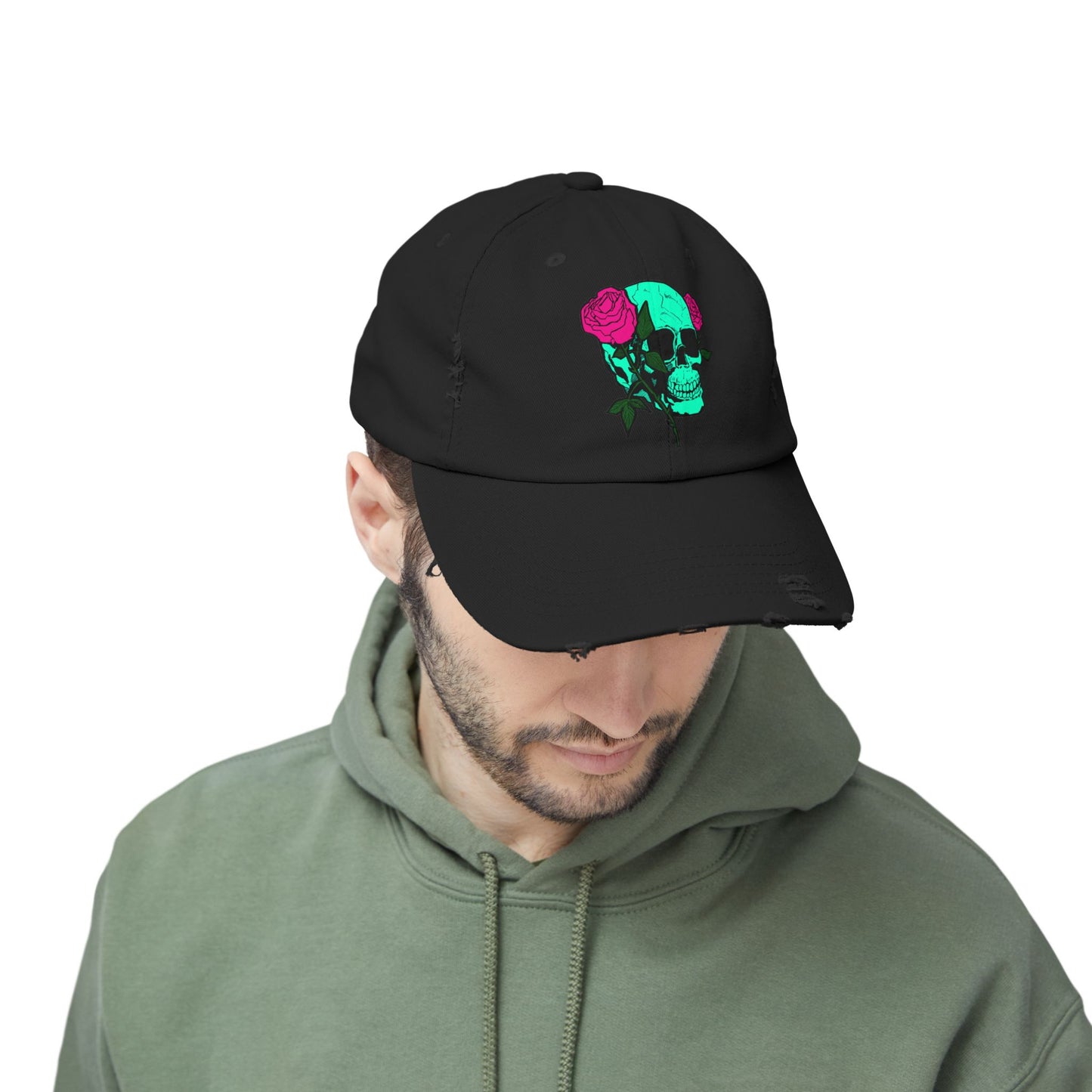 Trendy Distressed Skull Cap with Roses