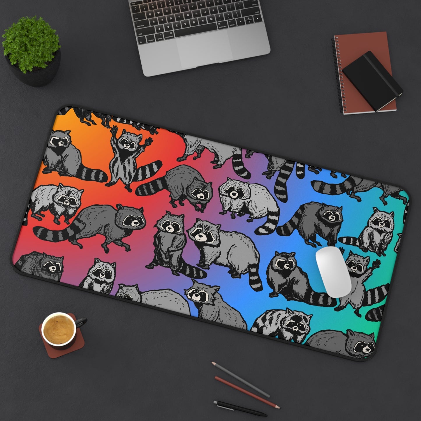 Raccoon Pattern Desk Mat — Colorful Gradient Office Mouse Pad