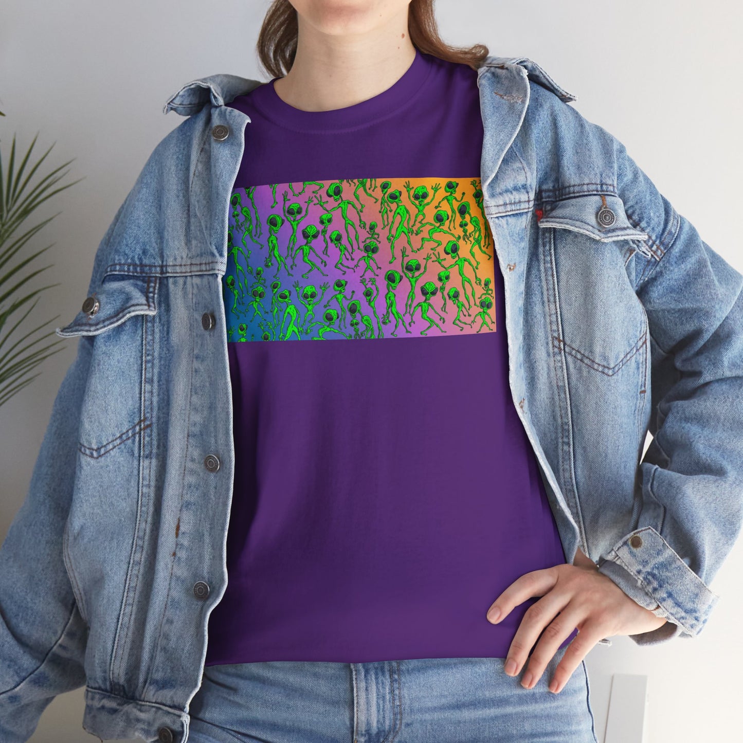 Alien Dance Party Gradient Tee — Colorful Psychedelic Green Aliens Art T-Shirt